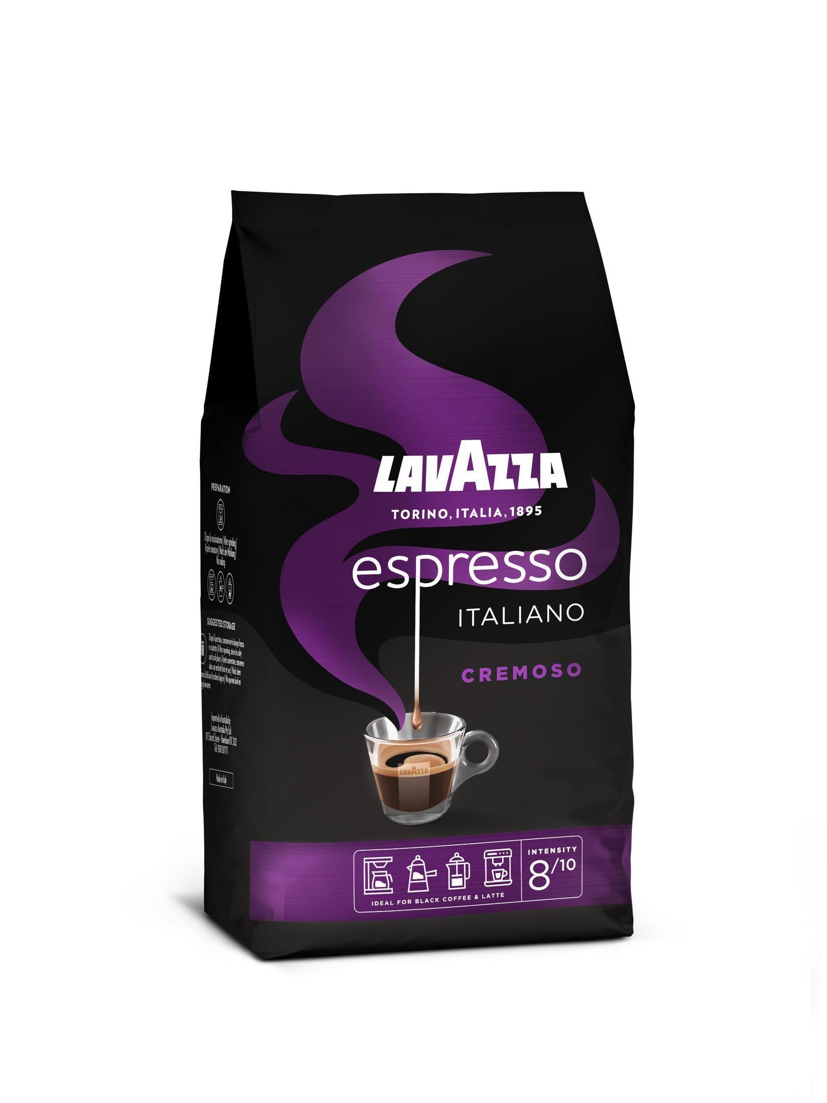 Confezione di caffè espresso Lavazza nera con immagine di caffè e una tazza.