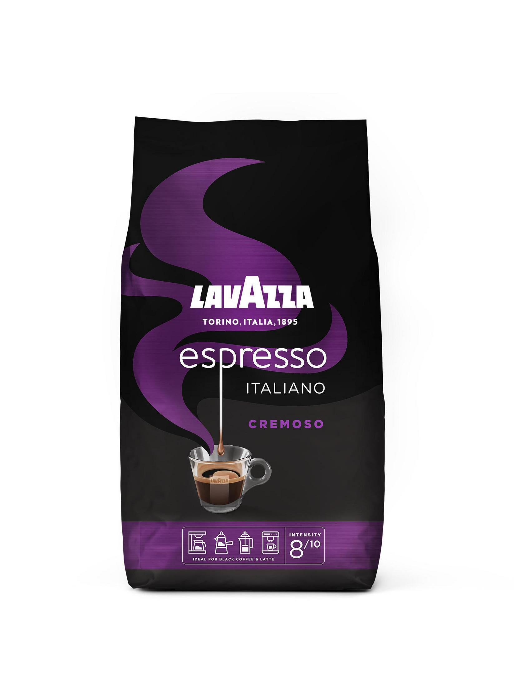 Sacchetto nero di caffè espresso Lavazza. La confezione ha dettagli viola e un'immagine di tazza di caffè.