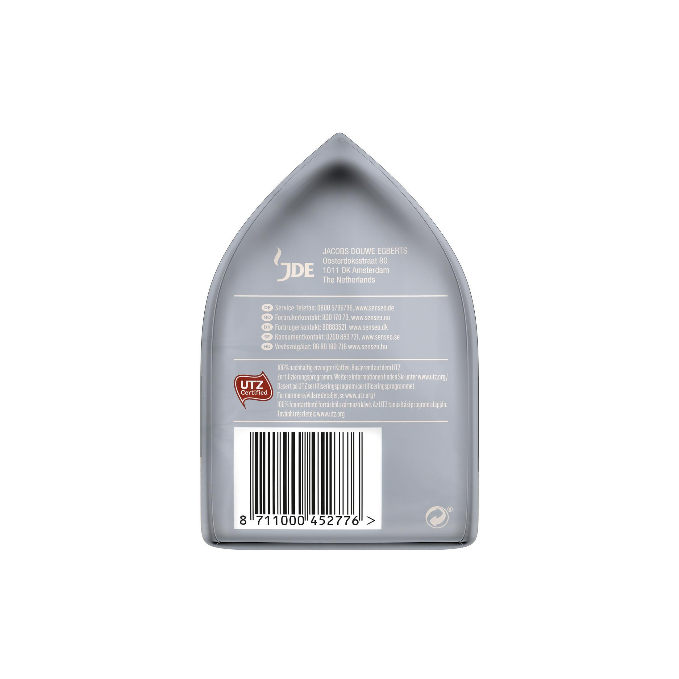 Eine silberne Kaffeeverpackung mit Text und Barcode.