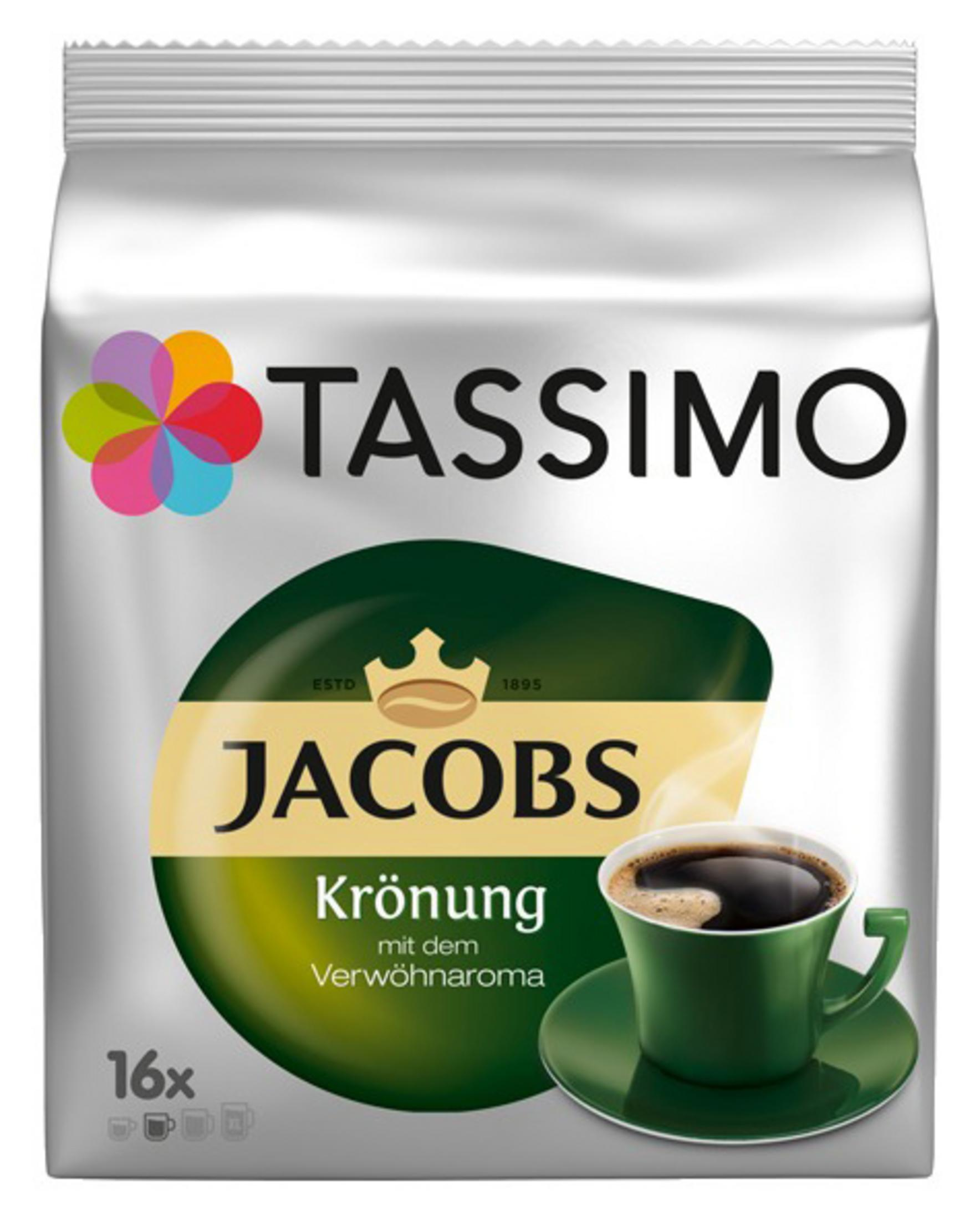 Tassimo Jacobs Kaffeepads-Verpackung. Grün-weißes Design. Weißer Hintergrund.