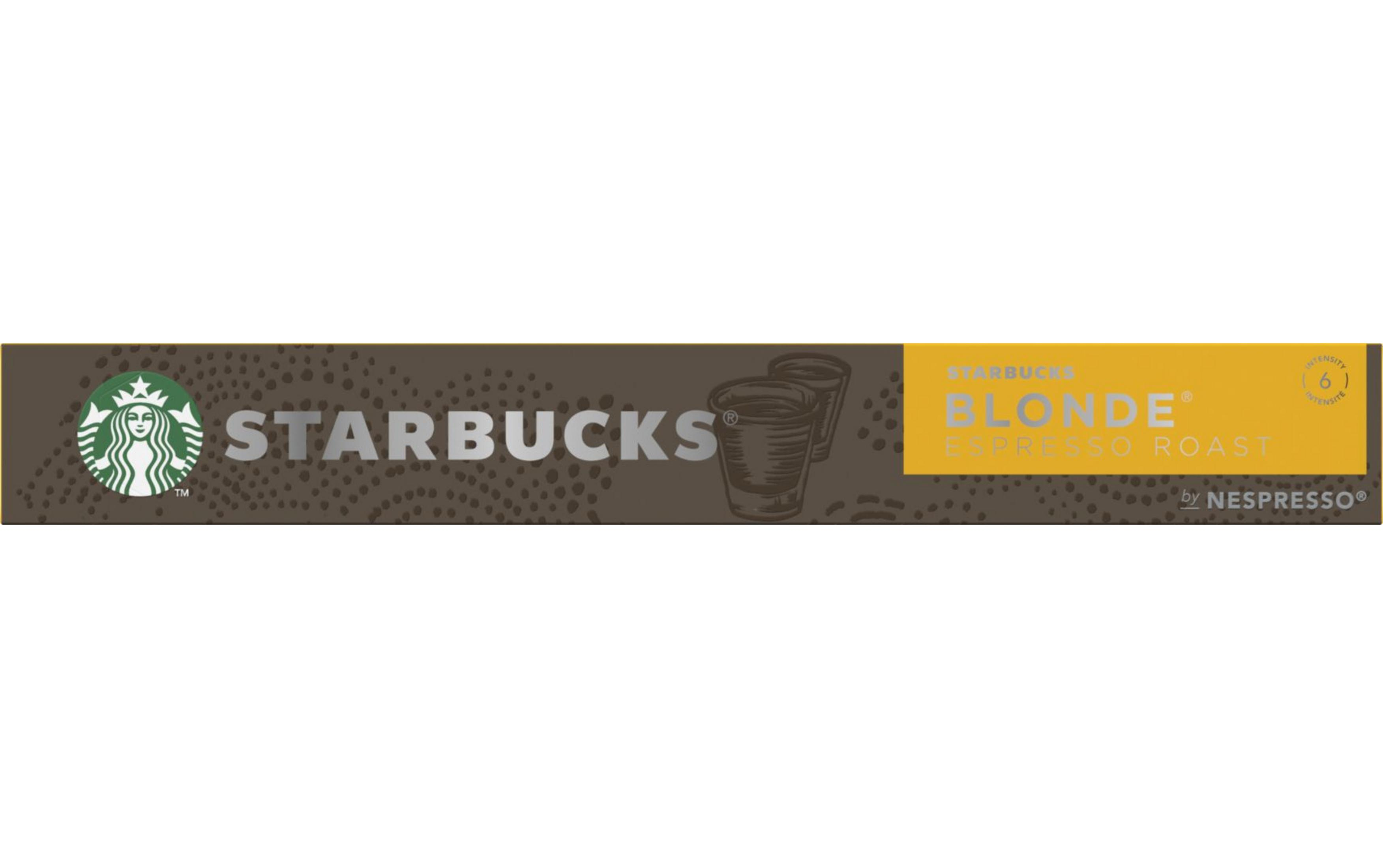 Eine Starbucks Blonde Espresso Roast-Packung. Sie hat das Starbucks-Logo und Text.