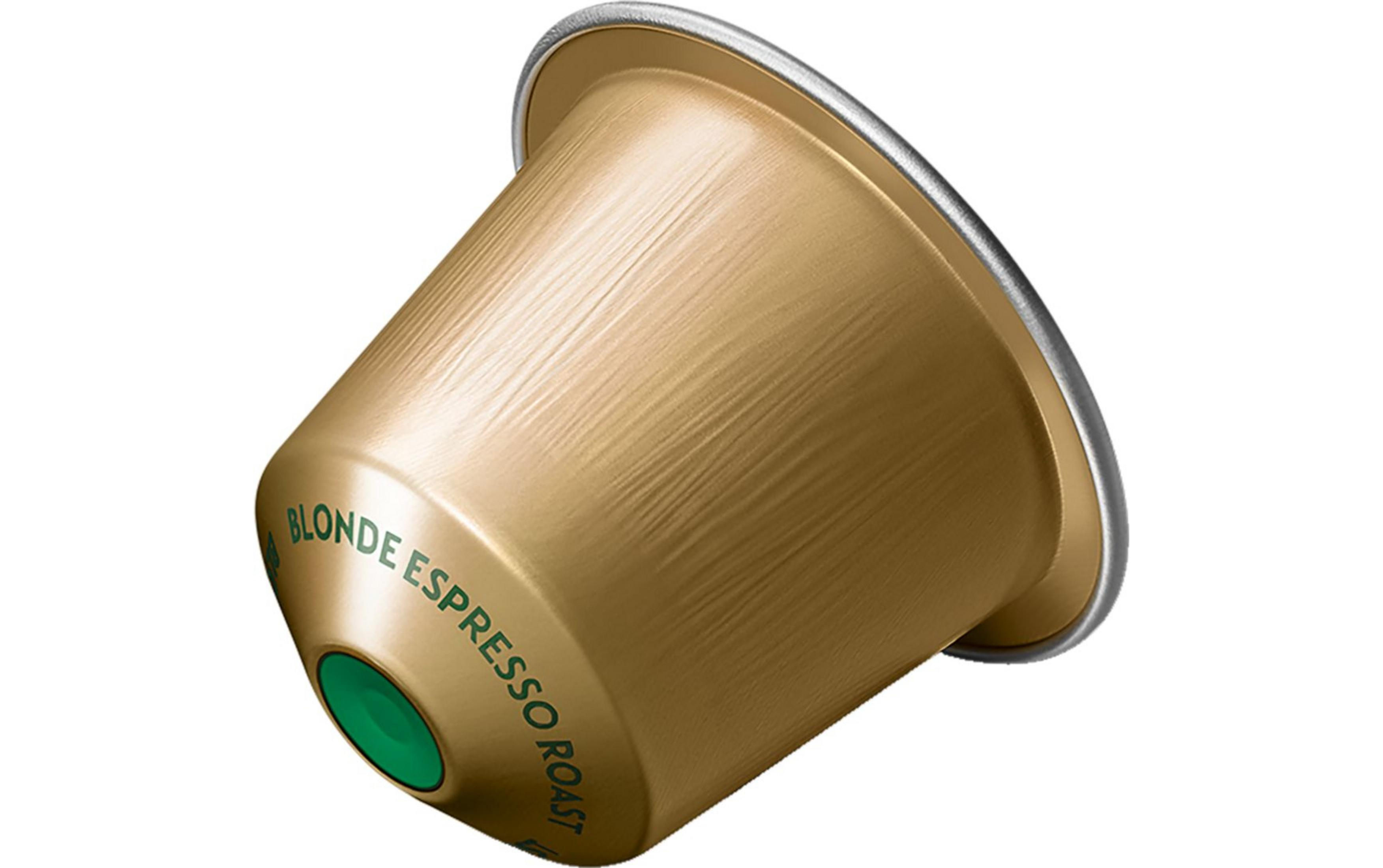 Nahaufnahme einer goldenen Kaffeekapsel mit der Aufschrift 'Blonde Espresso Roast'.