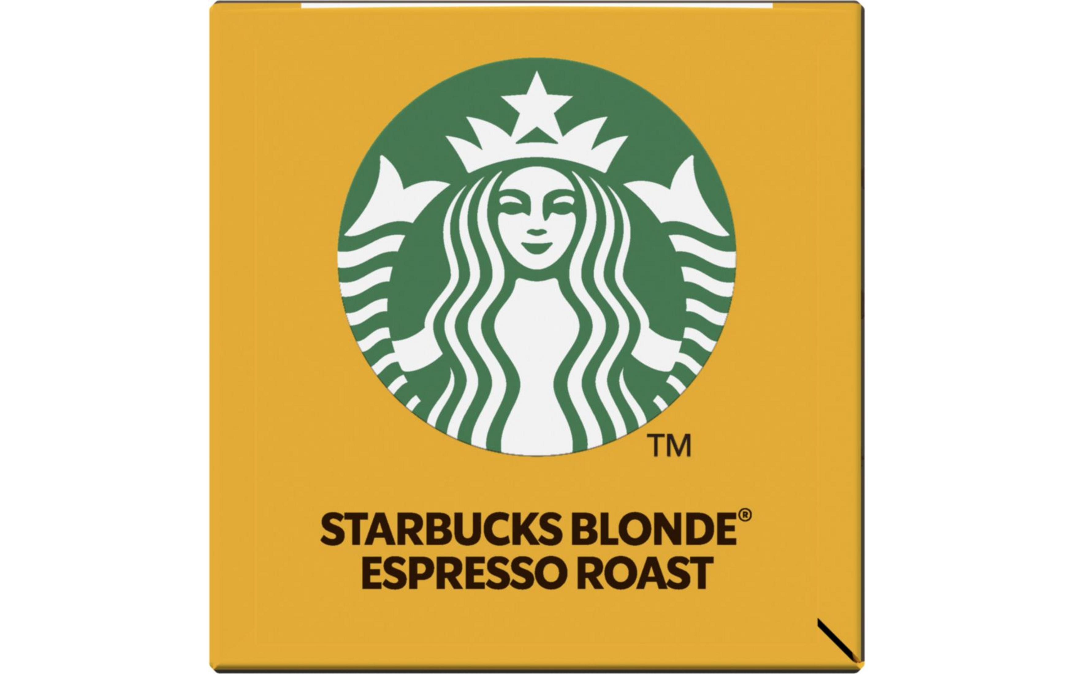 Starbucks Blonde Espresso Roast Kaffeepads. Es hat das Starbucks-Logo auf einem gelben Quadrat.