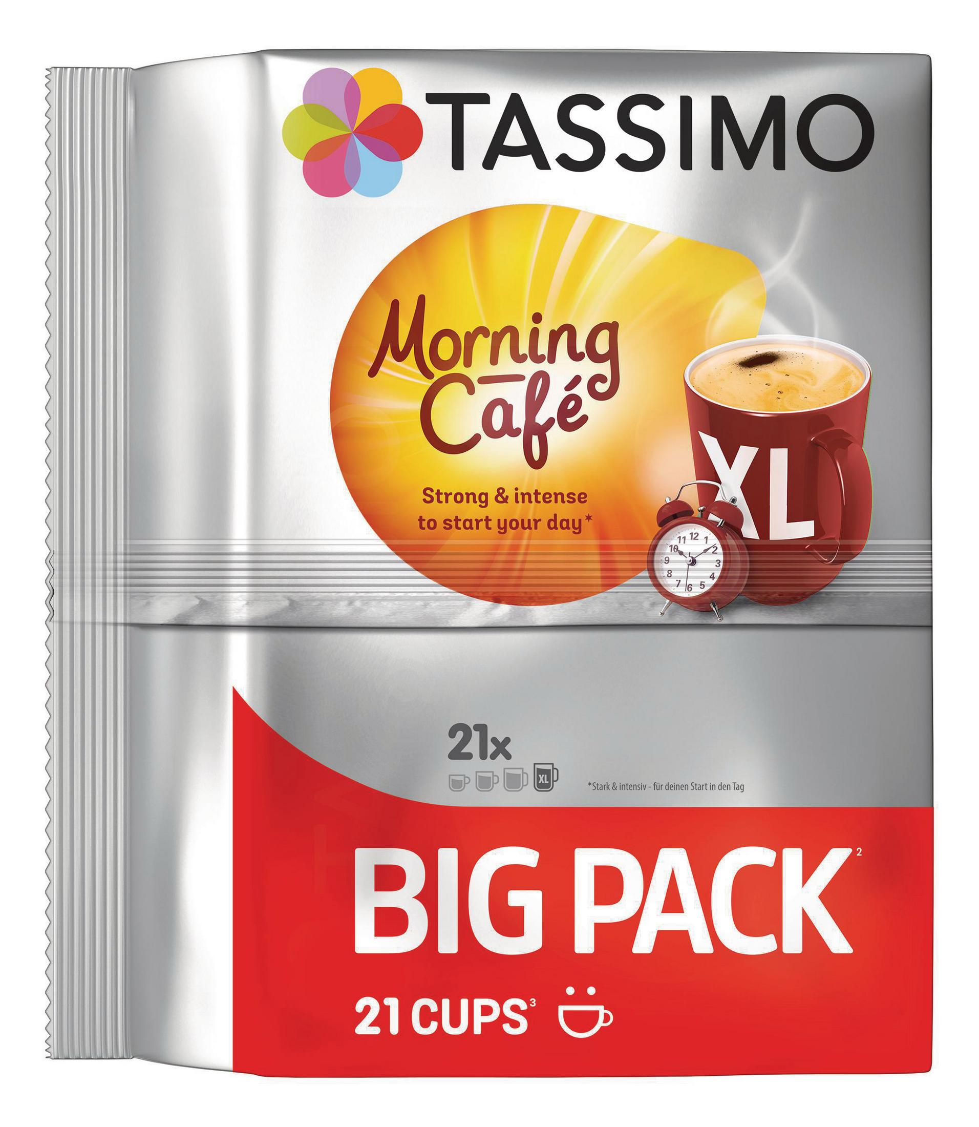 Cialde di caffè Tassimo. Confezione rossa e argento. Grafica tazza di caffè. Etichetta confezione grande. Sfondo bianco.