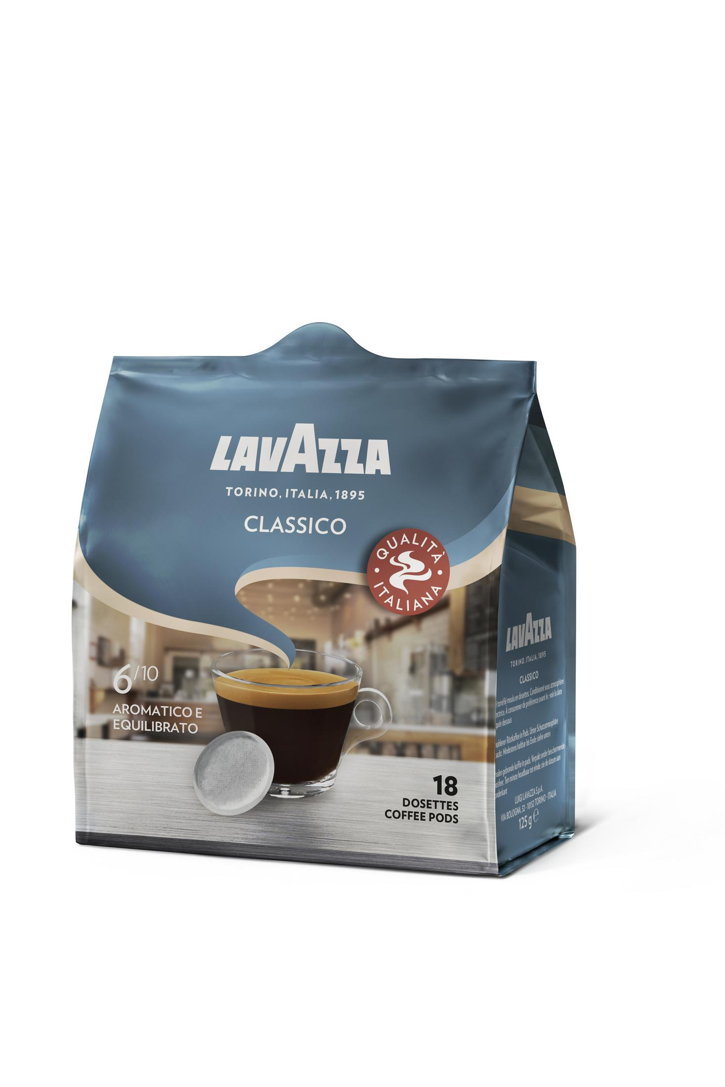 Eine Lavazza-Kaffeepackung, blau und weiß, mit Kaffeetasse-Bild und Text.