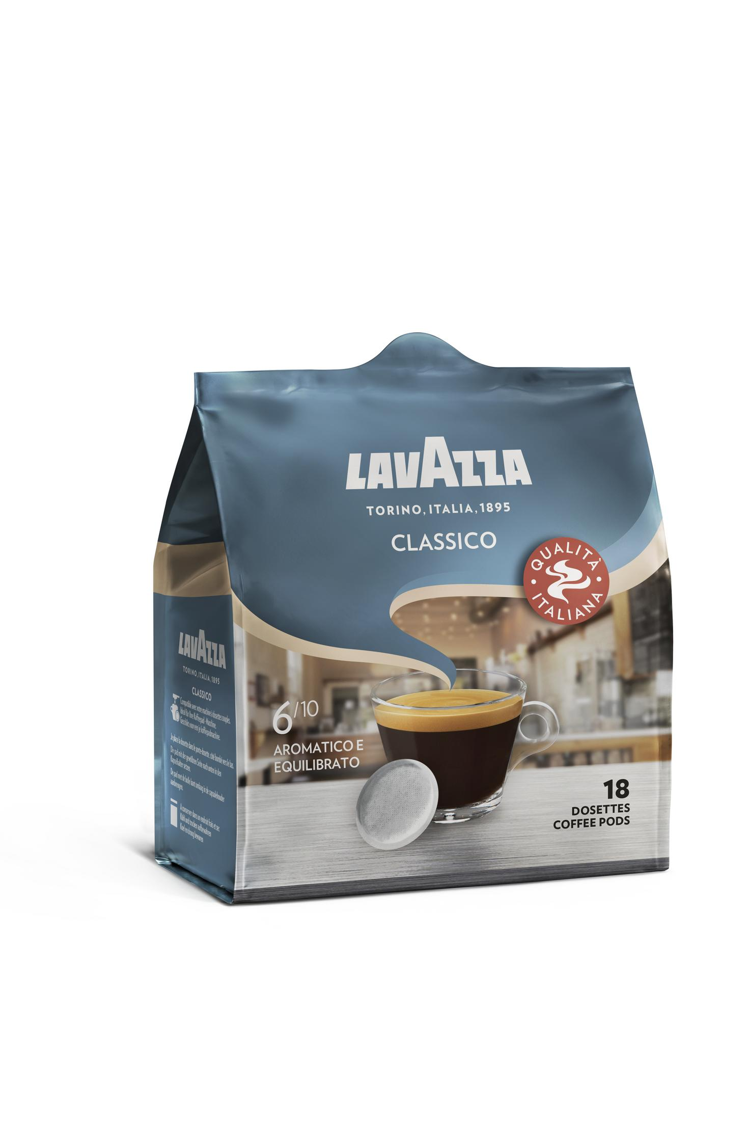 Blaue Lavazza-Kaffeepads-Tasche mit Tassenbild. Enthält 18 Pads. Die Tasche hat dunkelblaue und weiße Farben.