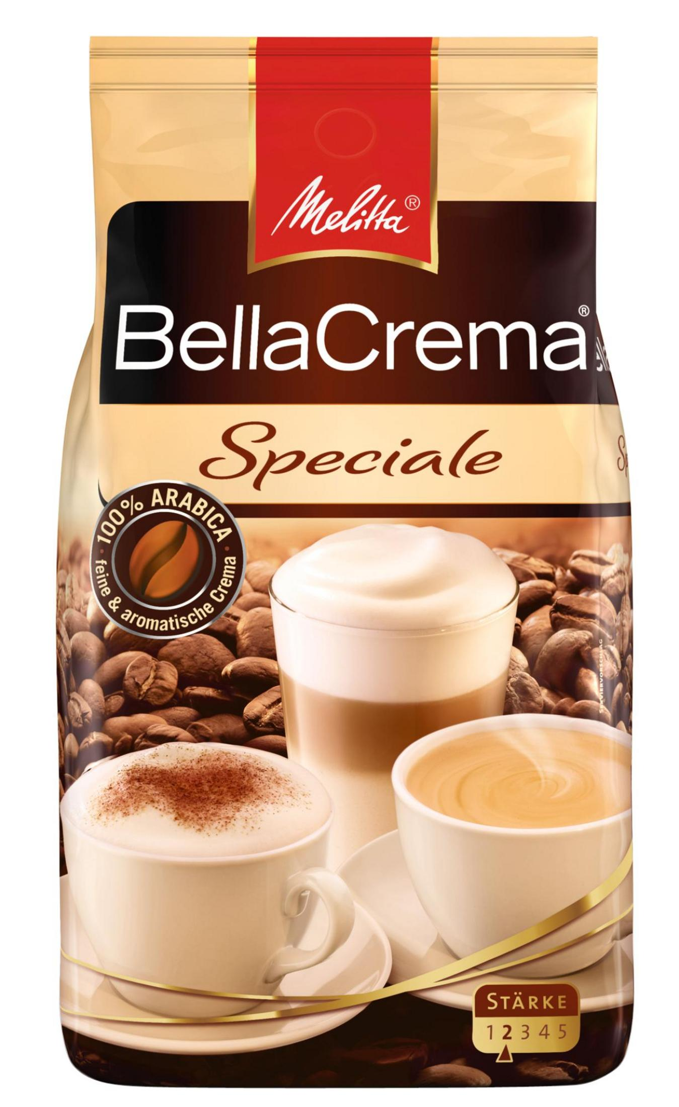 Kaffeepackung mit Text und Bildern von Kaffeetassen und Kaffeebohnen. Die Marke ist Melitta.