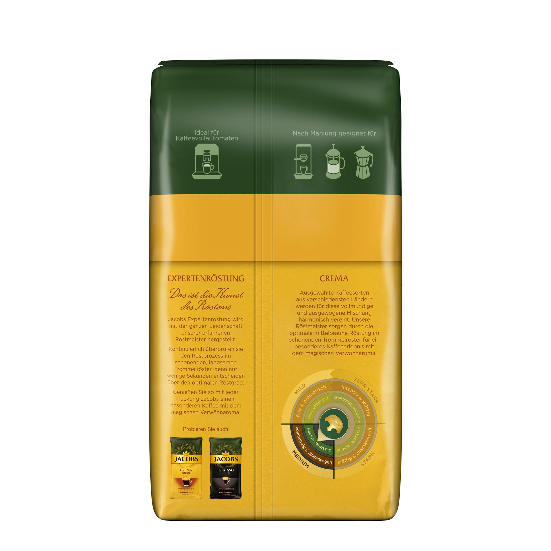 Confezione di caffè, marchio Jacobs. Imballaggio giallo e verde con testo. Sfondo bianco.
