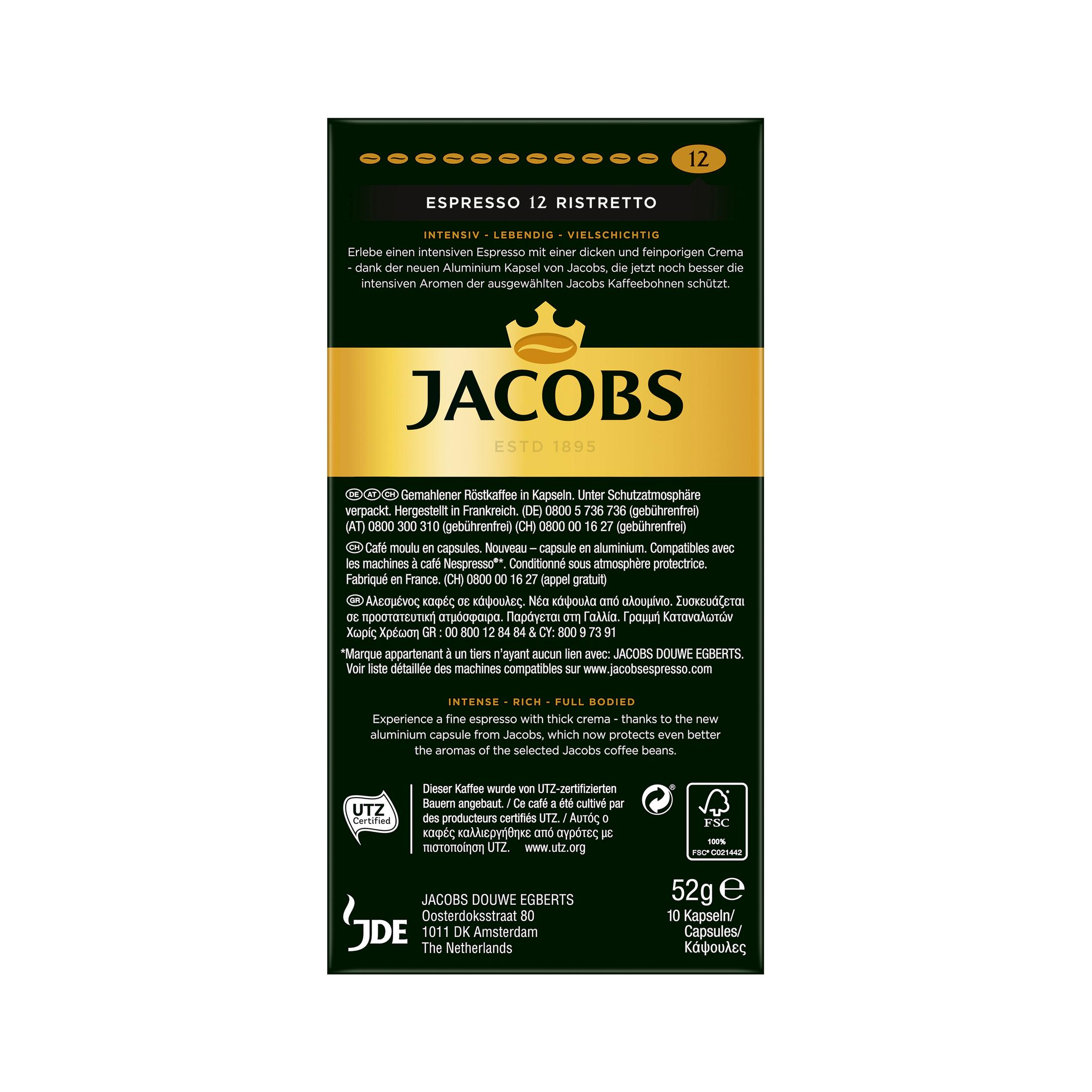 Kaffeekapselbox mit Text, Jacobs Espresso 12. Enthält Kapseln, grün und gold.