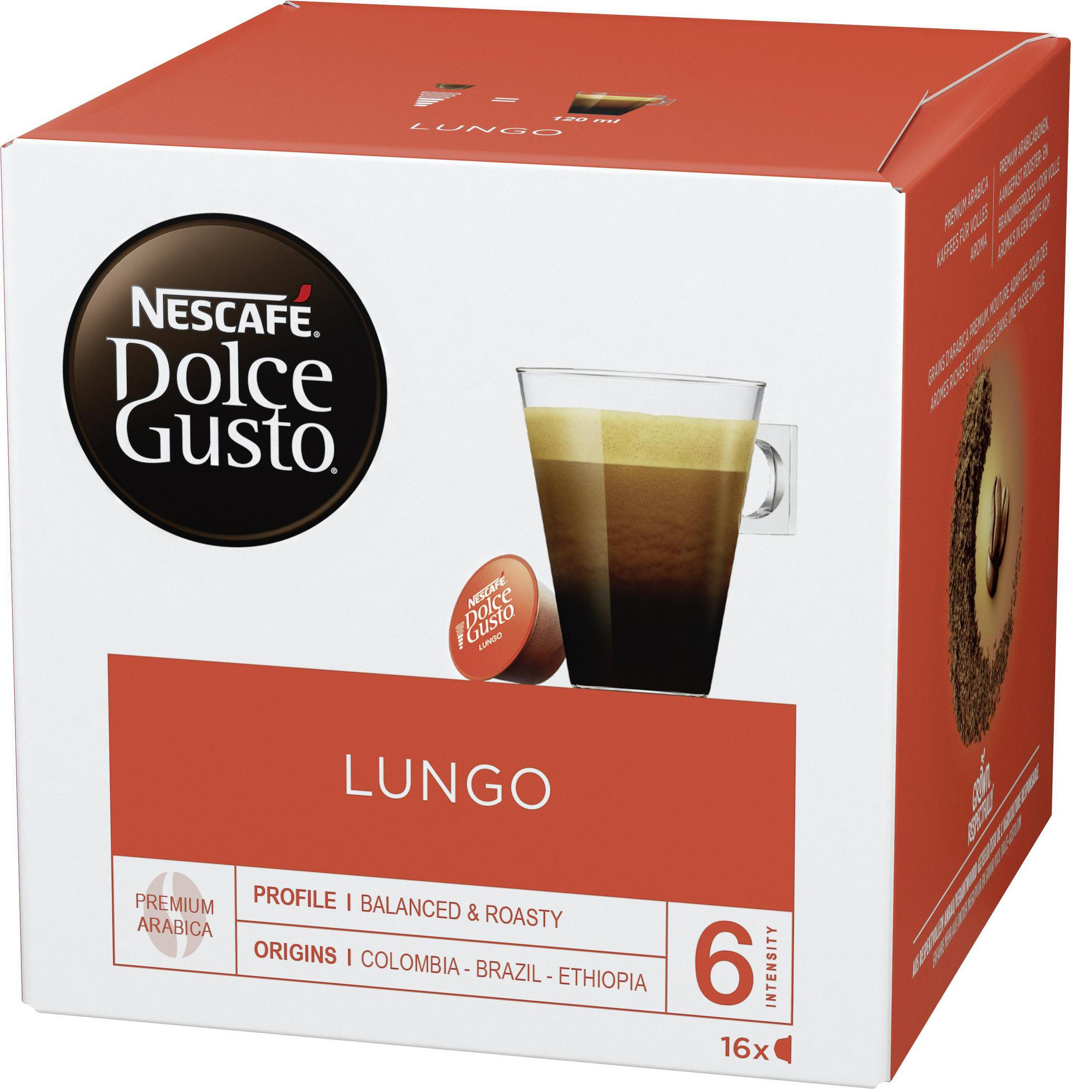 Eine Schachtel Nescafe Dolce Gusto Lungo Kaffeepads, neben einem Glas Kaffee.