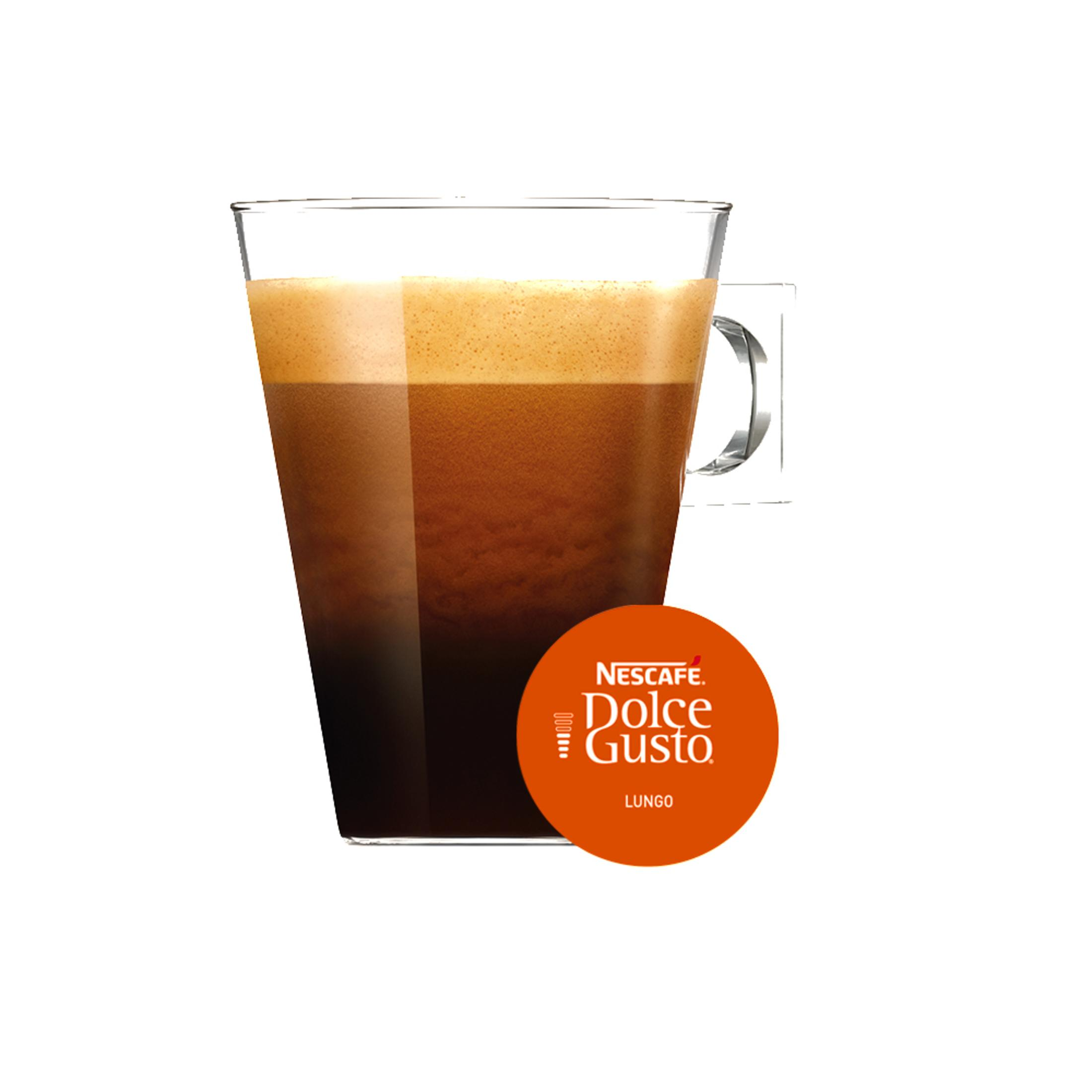 Hohes Glas mit Kaffee und Schaum. Das Nescafe Dolce Gusto Logo befindet sich rechts.