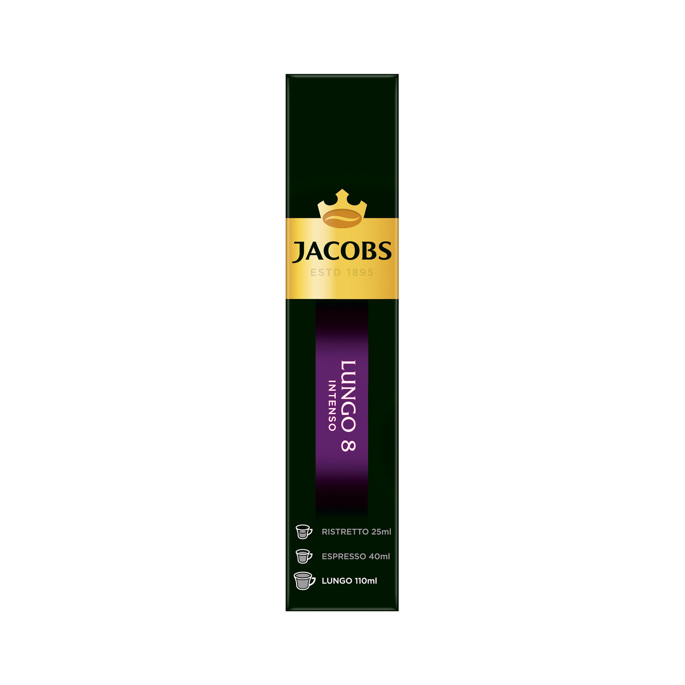 Jacobs Lungo 8 Kaffeepackung. Dunkelgrün, schwarz und lila.