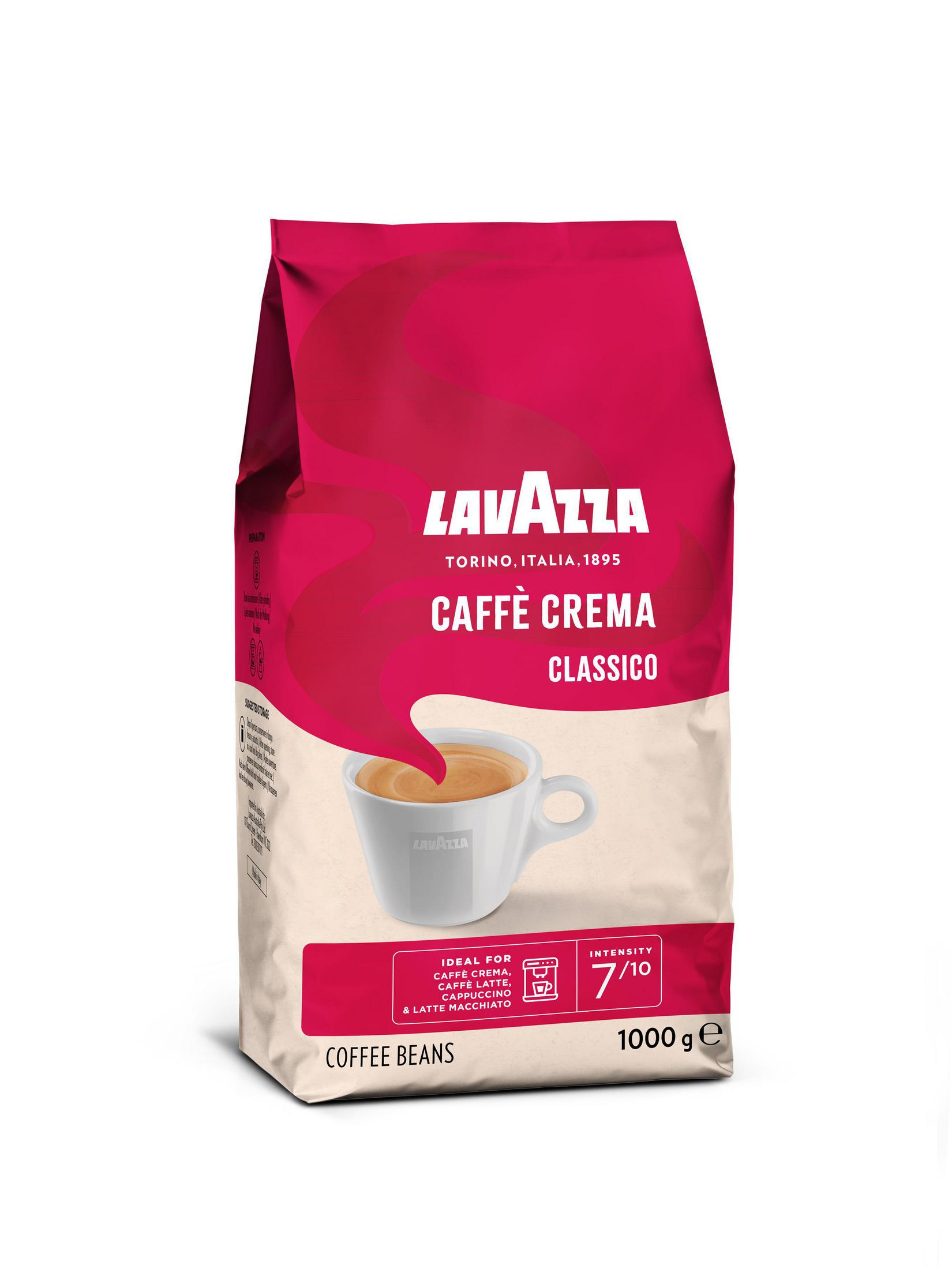 Kaffeepackung von Lavazza Caffe Crema Classico. Weiße Tasse mit Kaffee ist auf der Packung.