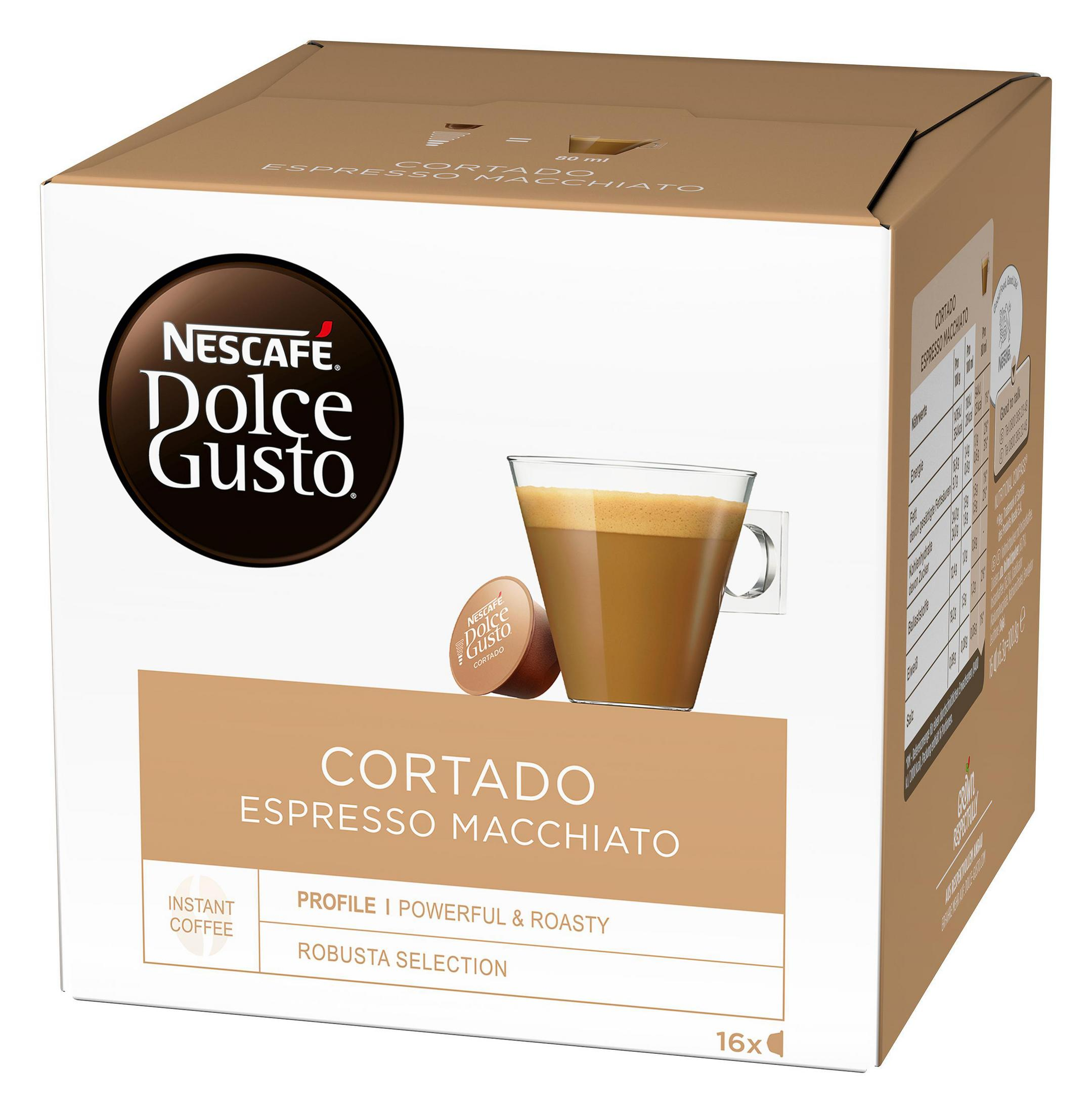 Eine Schachtel mit Nescafe Dolce Gusto Cortado Kaffeekapseln mit Kaffeetassenbild.