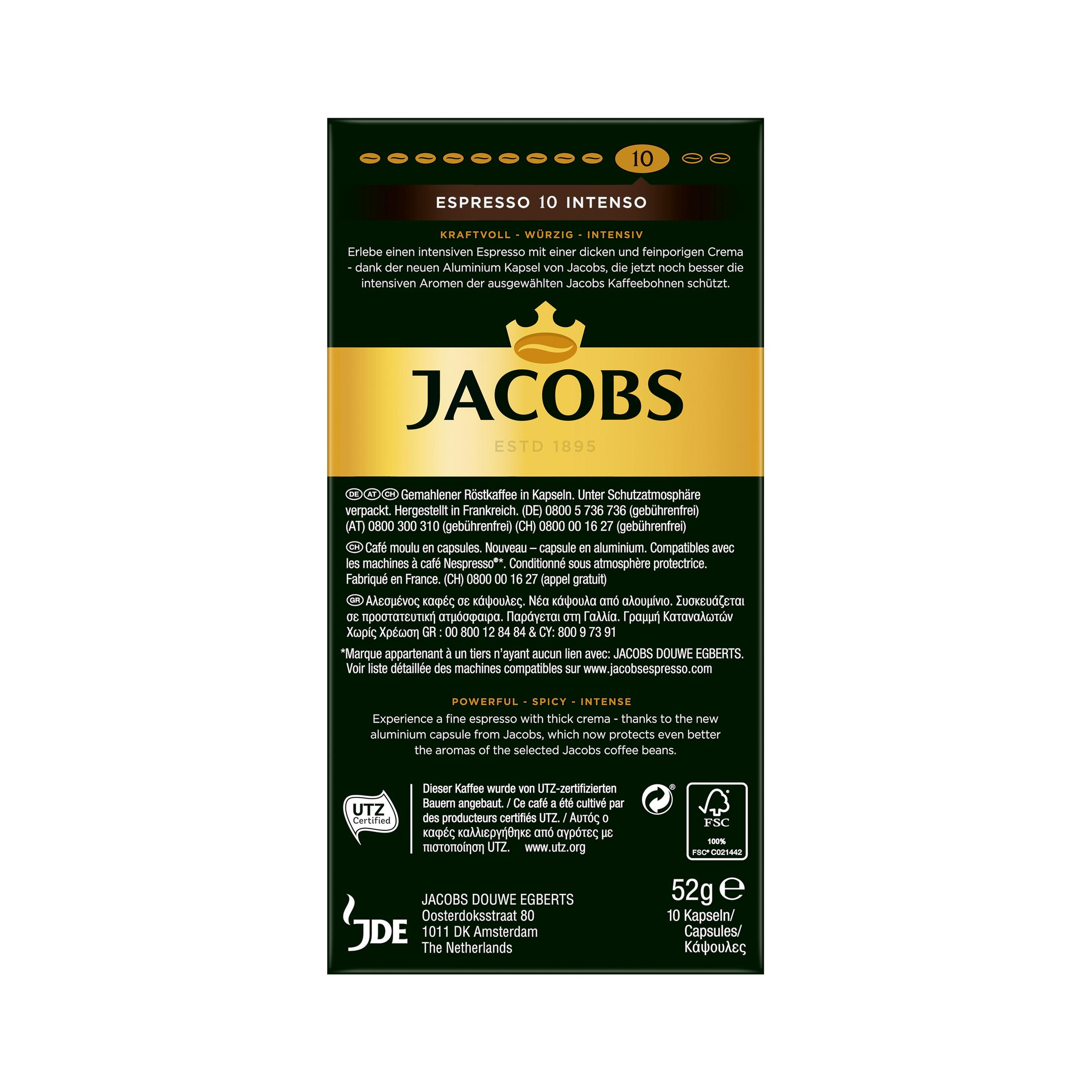 Kaffeepackung mit Jacobs-Markennamen. Gold- und Schwarzfarben. Text in mehreren Sprachen.