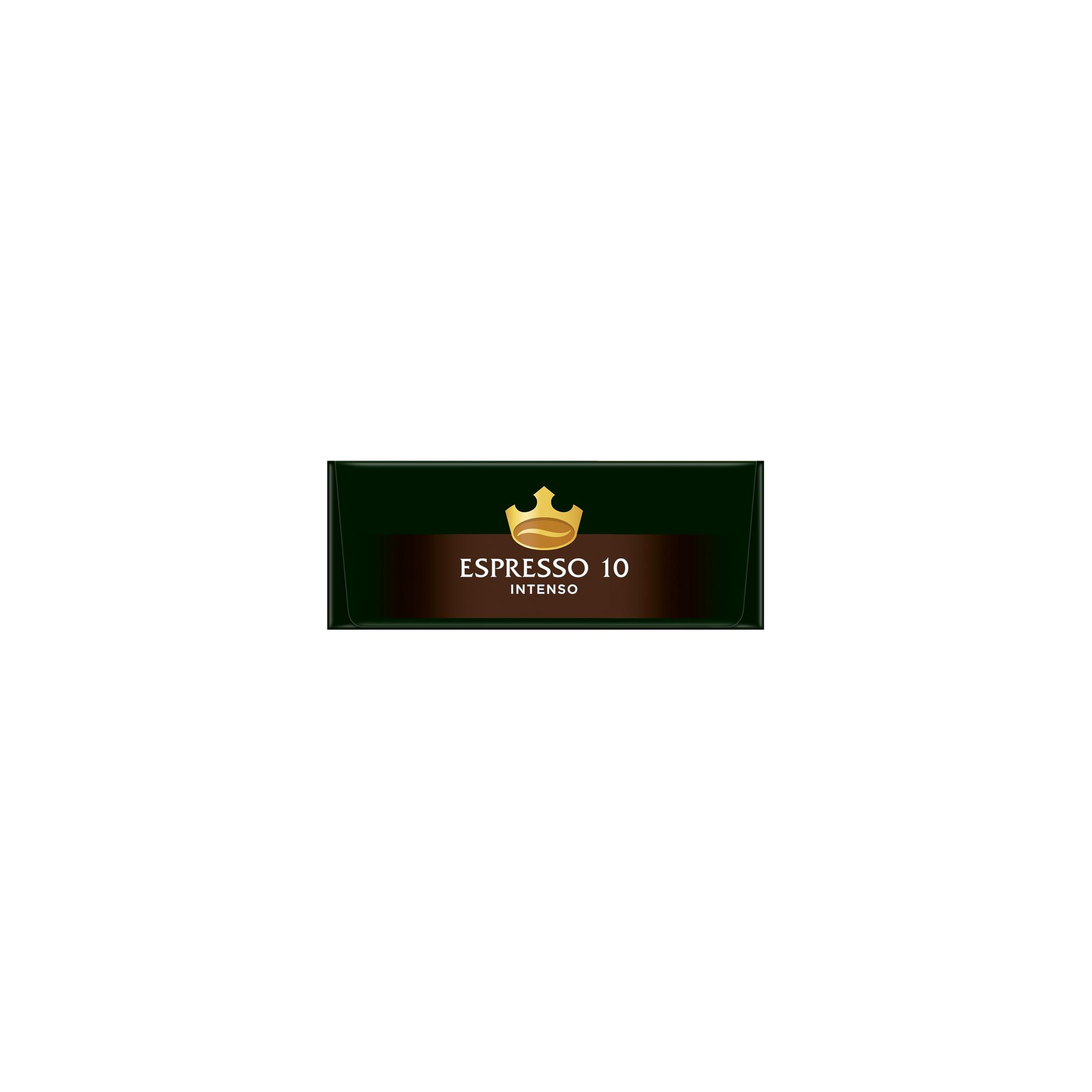 Eine dunkelgrüne Kaffeepackung mit goldenem Text: Espresso 10 Intenso und einer goldenen Krone.
