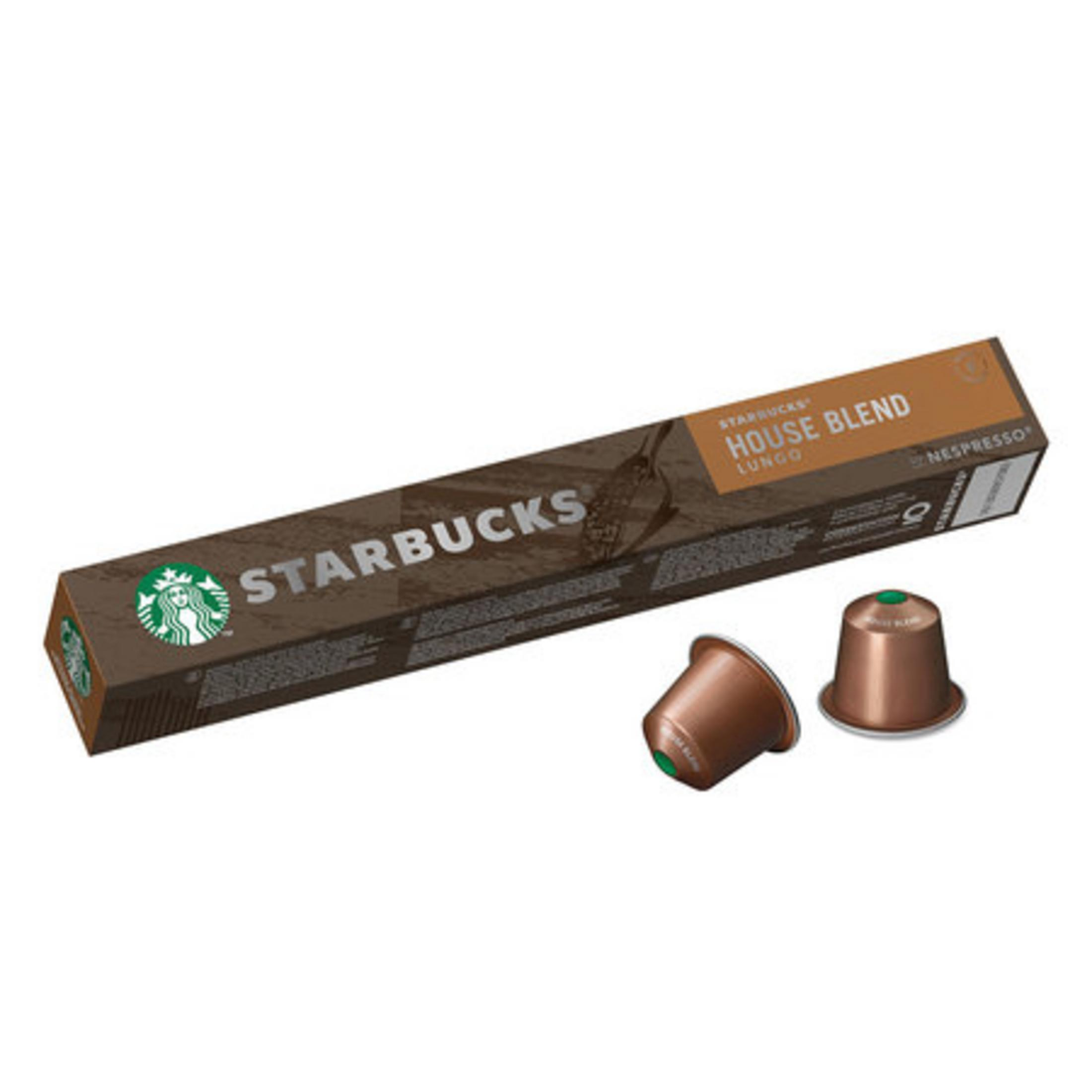 Starbucks House Blend Nespresso Kaffeekapseln in einer braunen Schachtel.