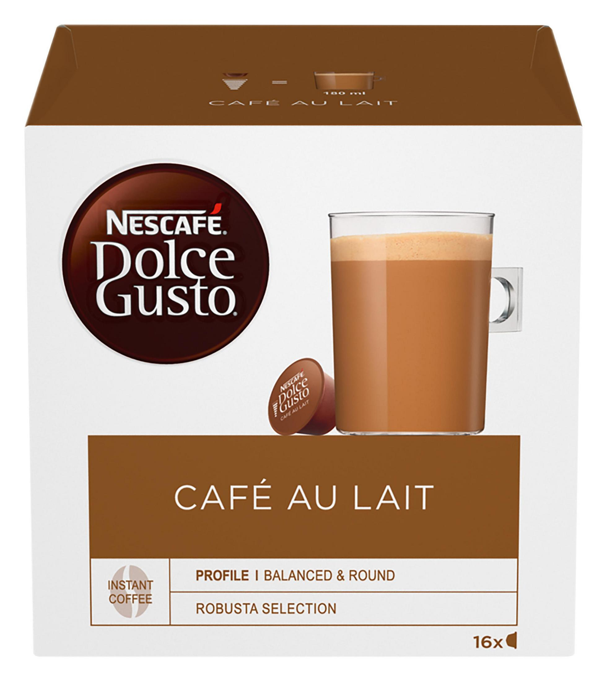 Eine Kaffeebox mit einem Tassenbild, Marke Nescafe Dolce Gusto. Weißer Hintergrund.