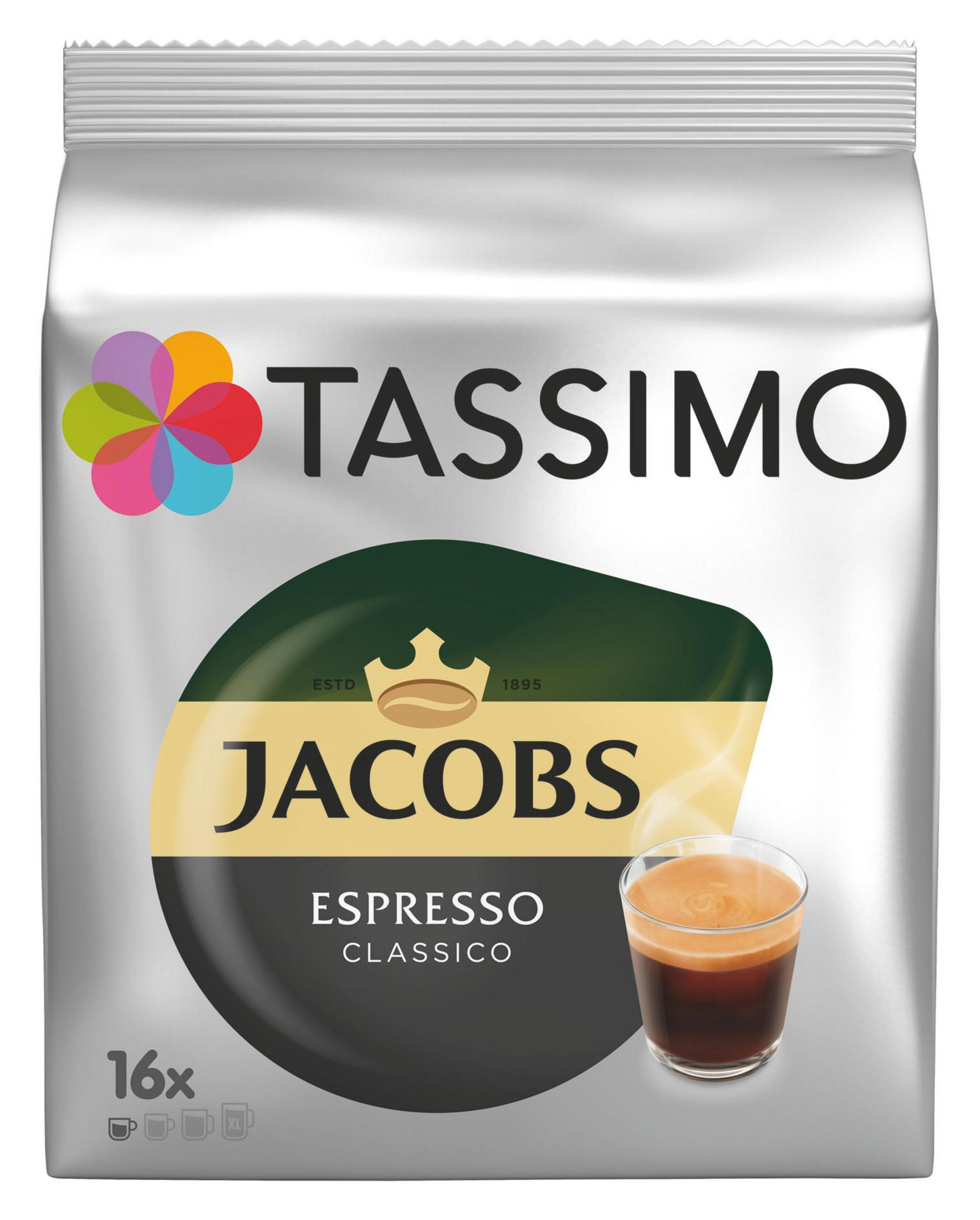 Srebrna torebka kapsułek do kawy Tassimo Jacobs Espresso Classico i filiżanka kawy.