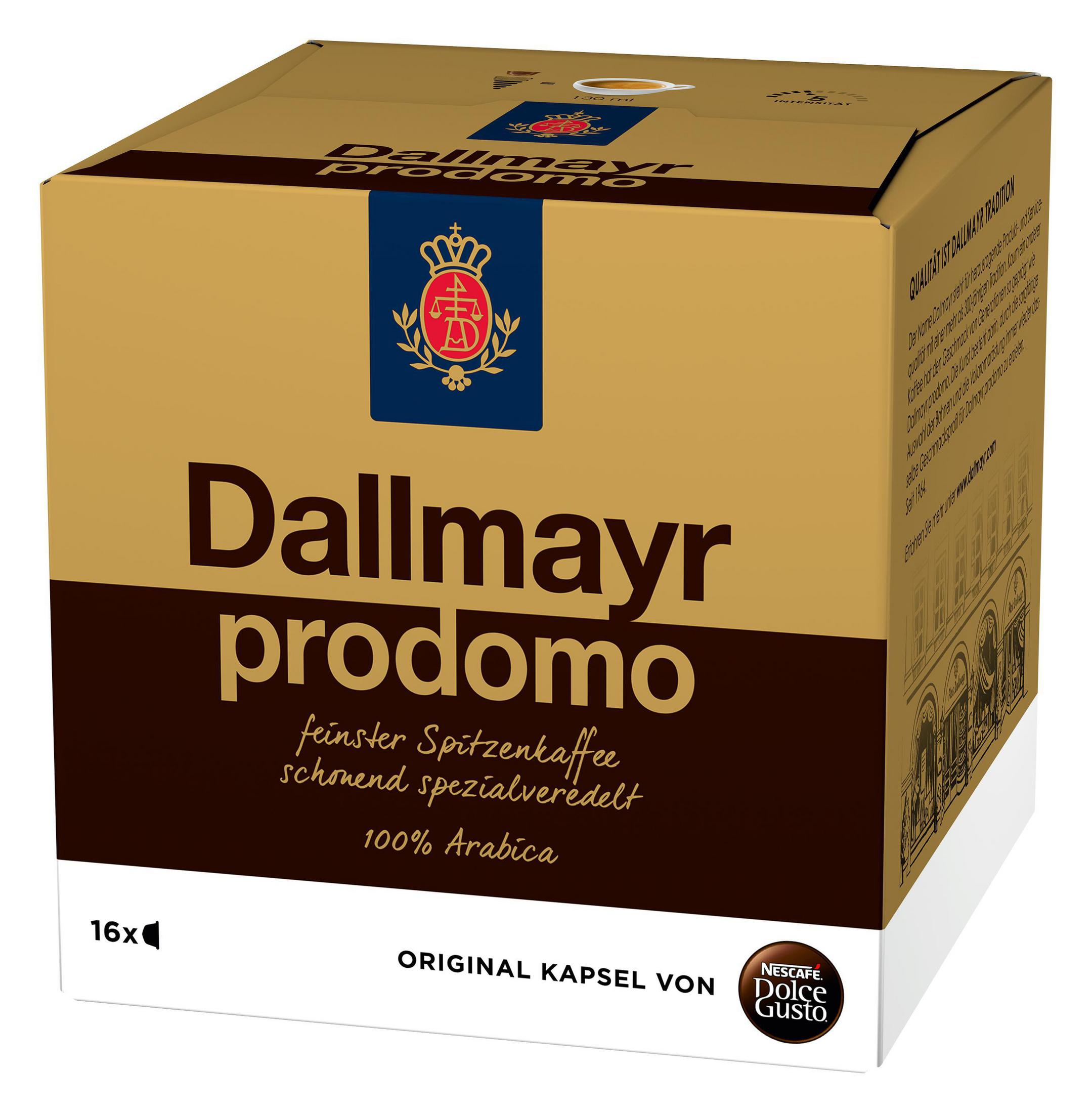 Schachtel mit Dallmayr prodomo Kaffeekapseln, mit dem Nescafe Dolce Gusto Logo.