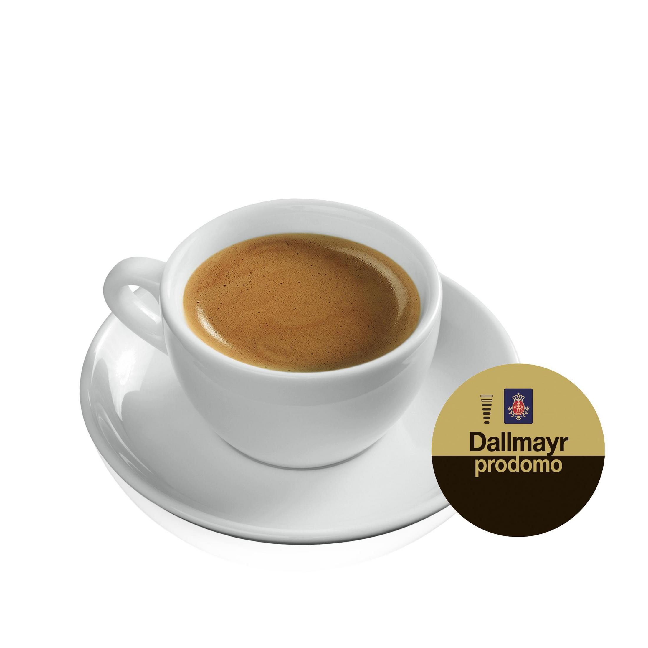 Weiße Kaffeetasse mit Espresso auf Untertasse und Dallmayr-Logo.