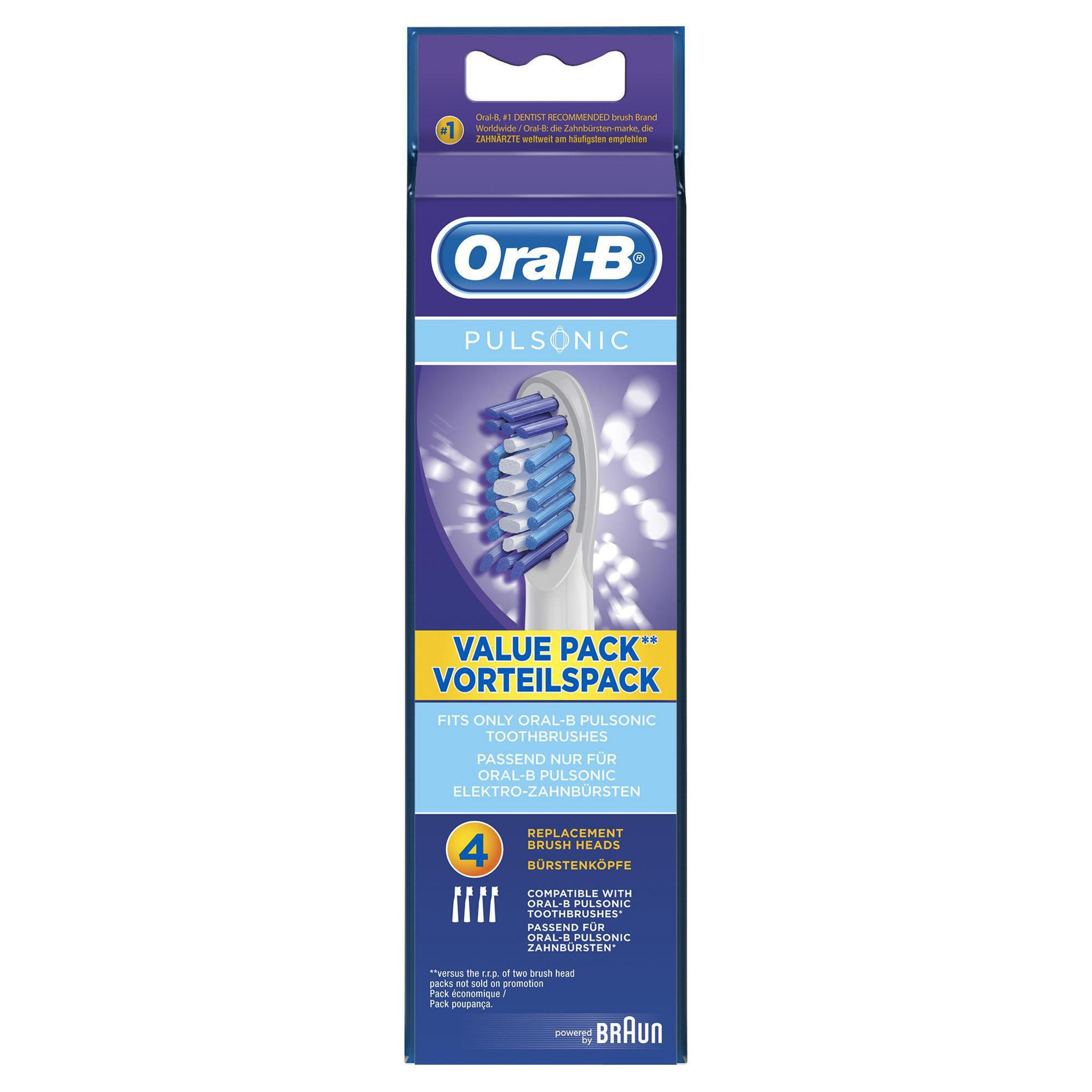 Oral-B PulsSonic Zahnbürstenköpfe Verpackung. Weiß und Lila. Weißer Hintergrund.