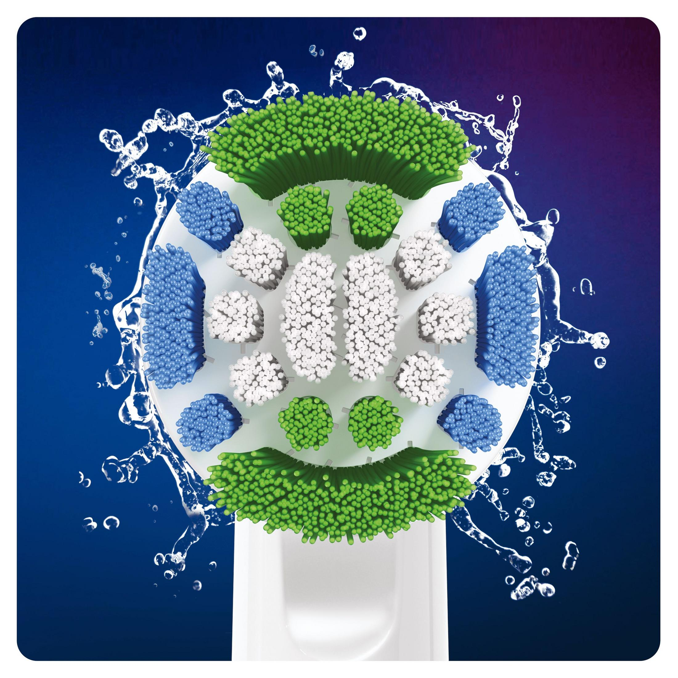 Nahaufnahme eines Oral-B iO-Zahnbürstenkopfes mit grünen, weißen und blauen Borsten.