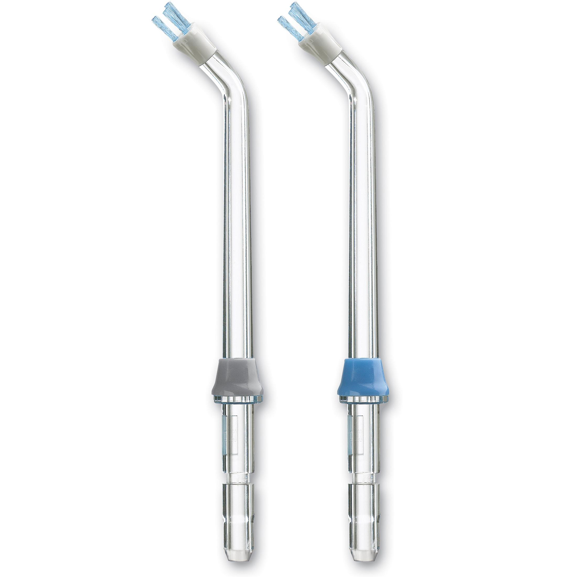 Zwei Interdentalbürstenköpfe. Sie haben transparente Schäfte und blaue und graue Bürstenspitzen.