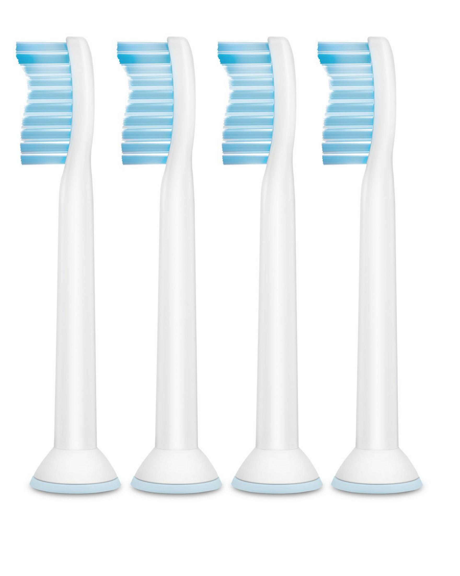 Cuatro cabezales de cepillo de dientes blancos con cerdas azules. Alineados sobre fondo blanco.