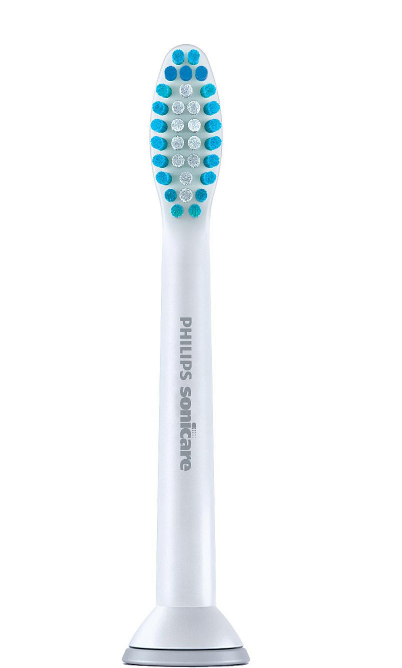 Cabezal de cepillo de dientes eléctrico blanco. Tiene cerdas azules y blancas, y el logo Philips Sonicare en el mango.