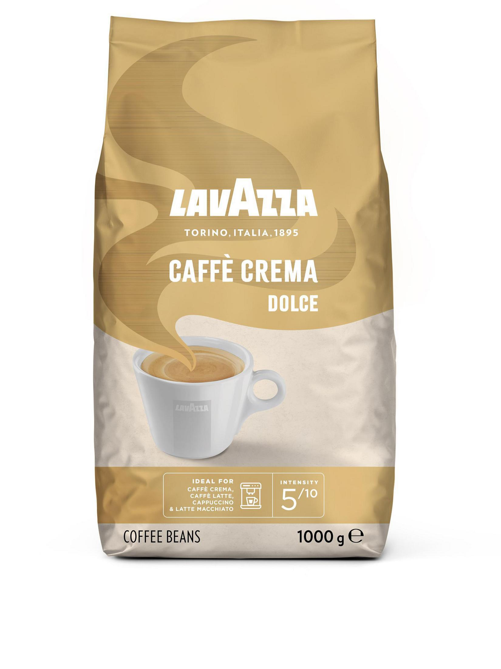 Lavazza Caffe Crema Dolce Kaffeebohnen-Beutel mit Kaffeetasse und Text.