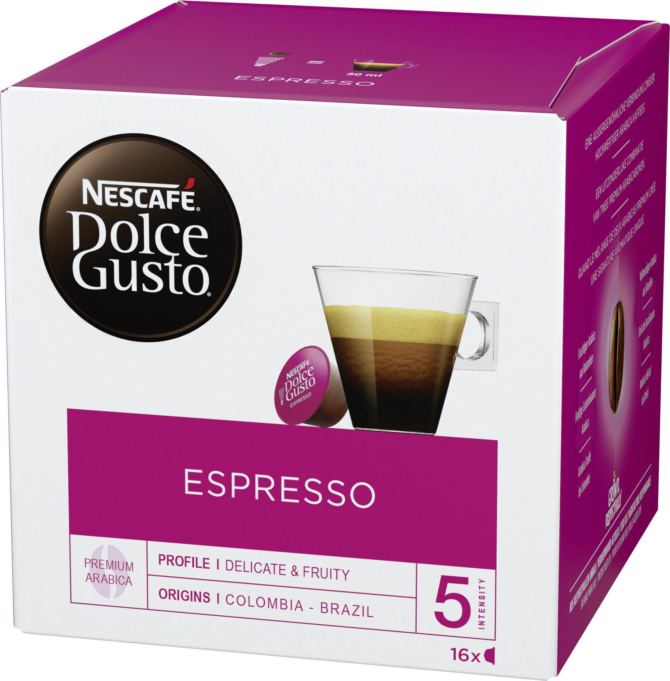 Espresso-Kaffeepackung mit einer Tasse Kaffee und einer Kapsel.