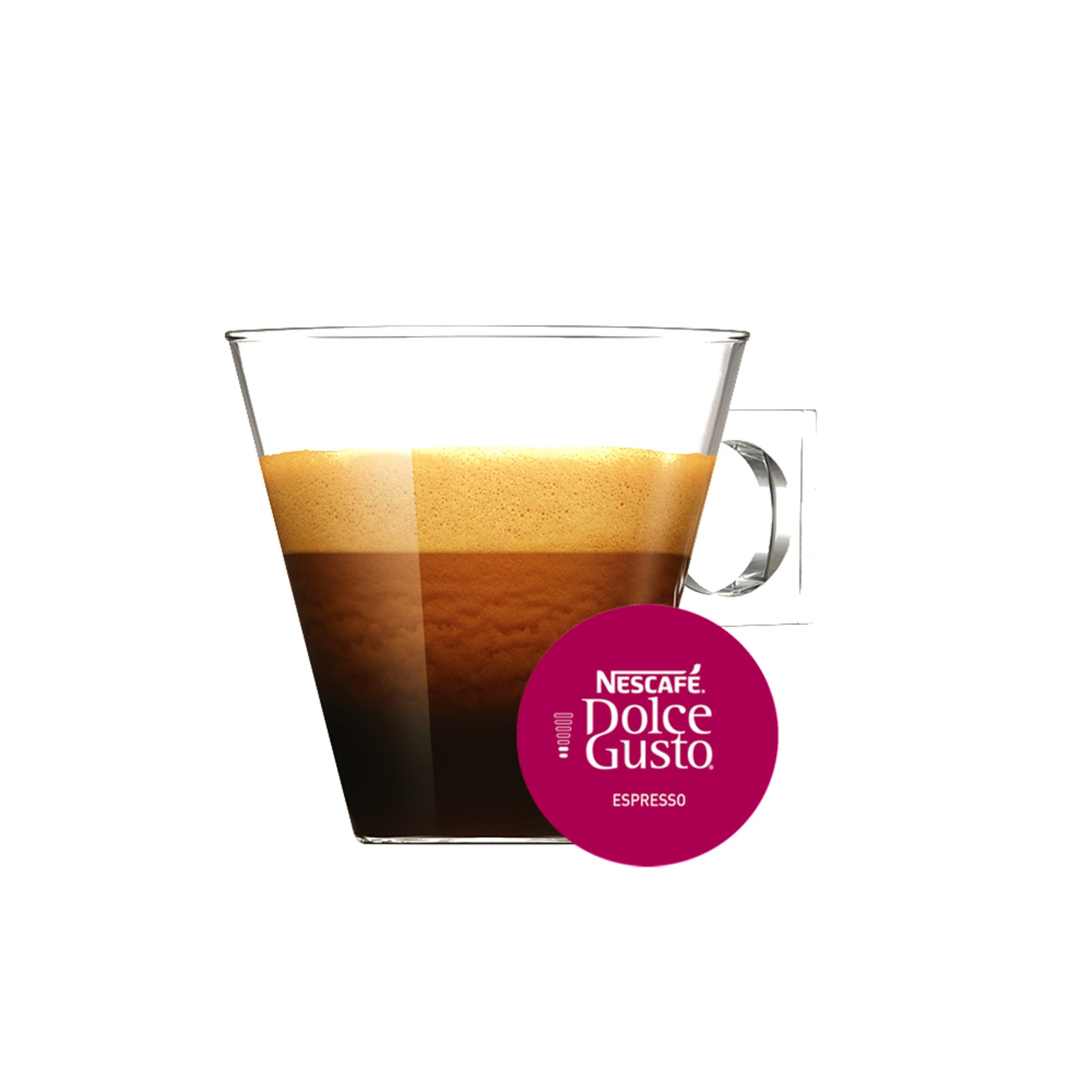 Klarer Glas-Kaffeebecher mit Espresso, Nescafe Dolce Gusto Logo.