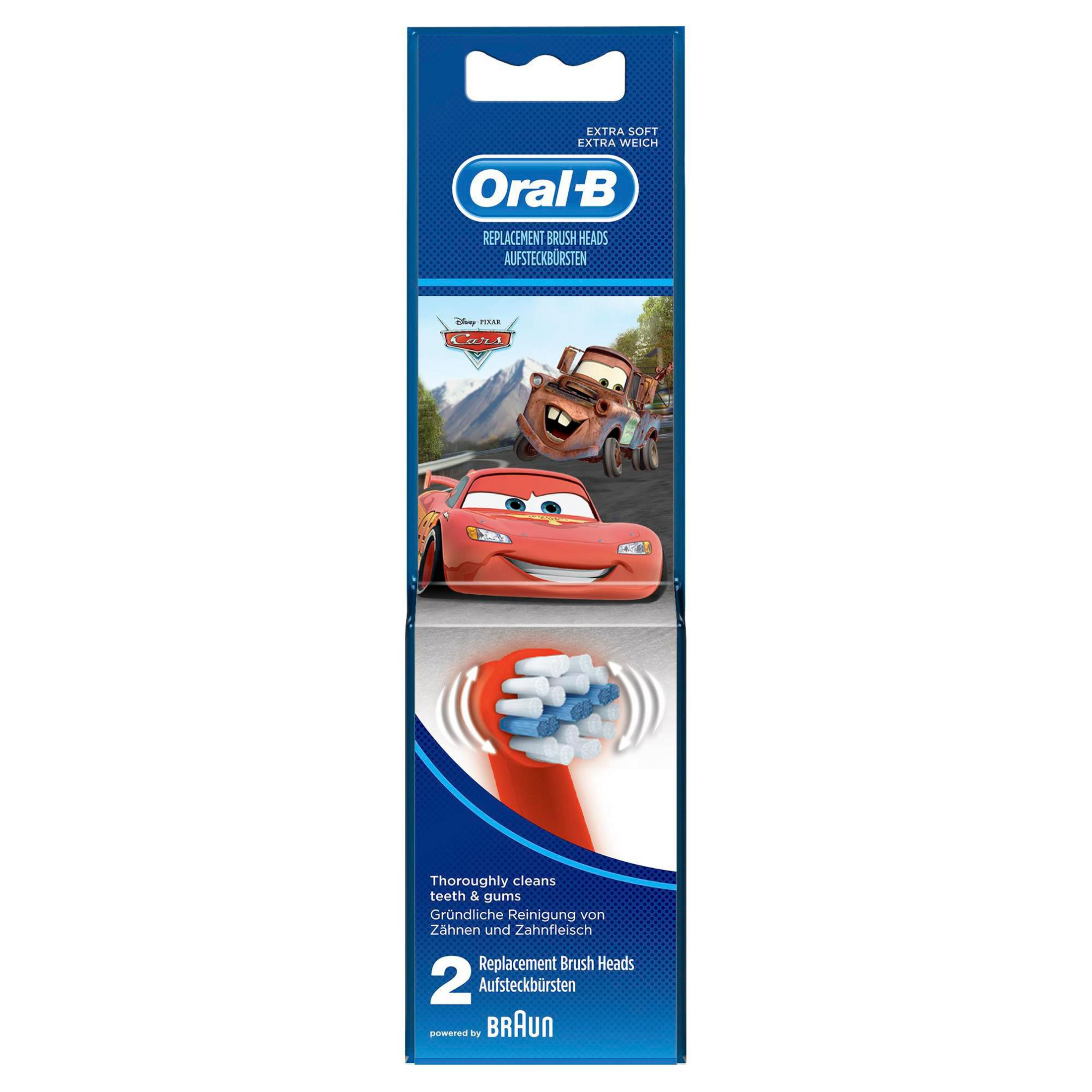 Oral-B Zahnbürstenköpfe in einer Verpackung mit Cars-Figuren.
