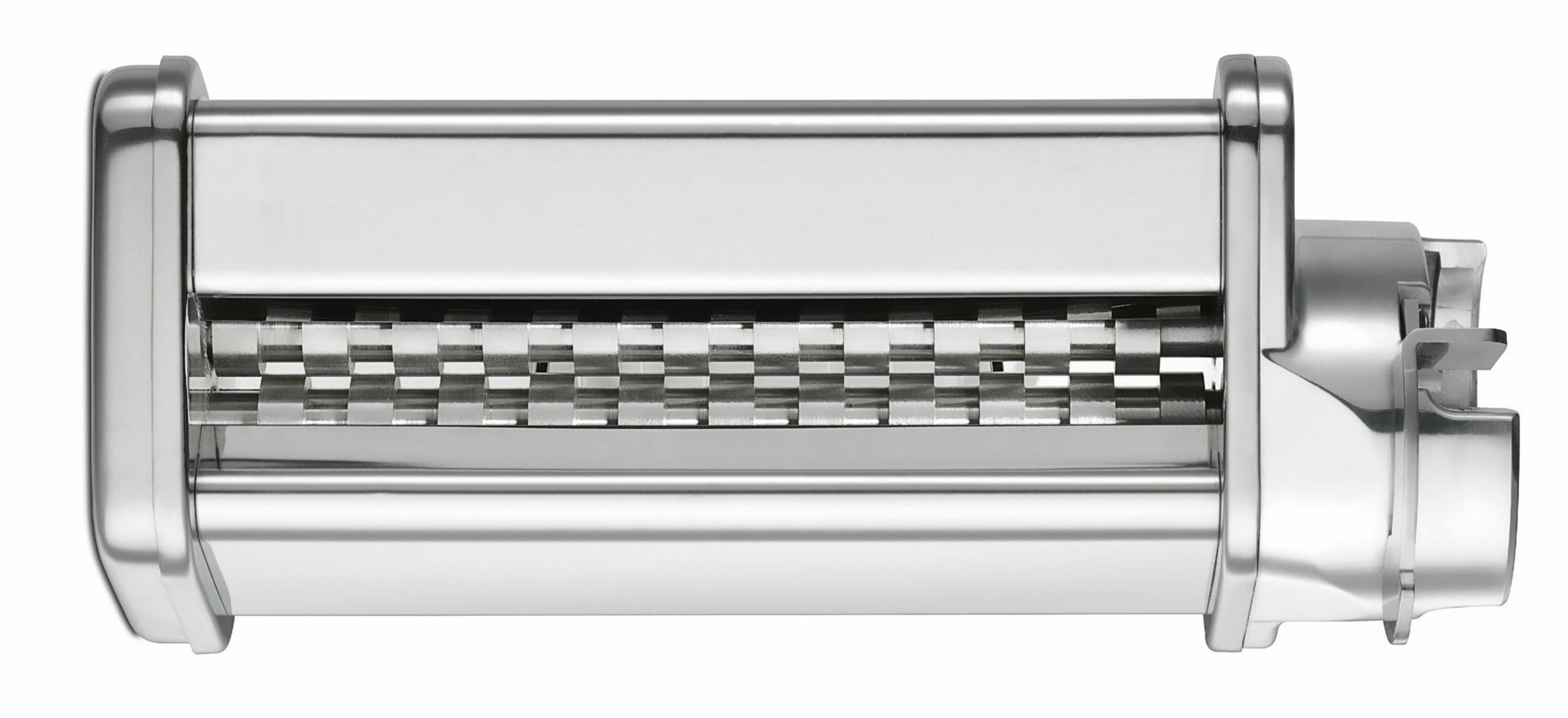 Máquina para hacer pasta de acero inoxidable. Vista lateral, con el mecanismo de corte visible.