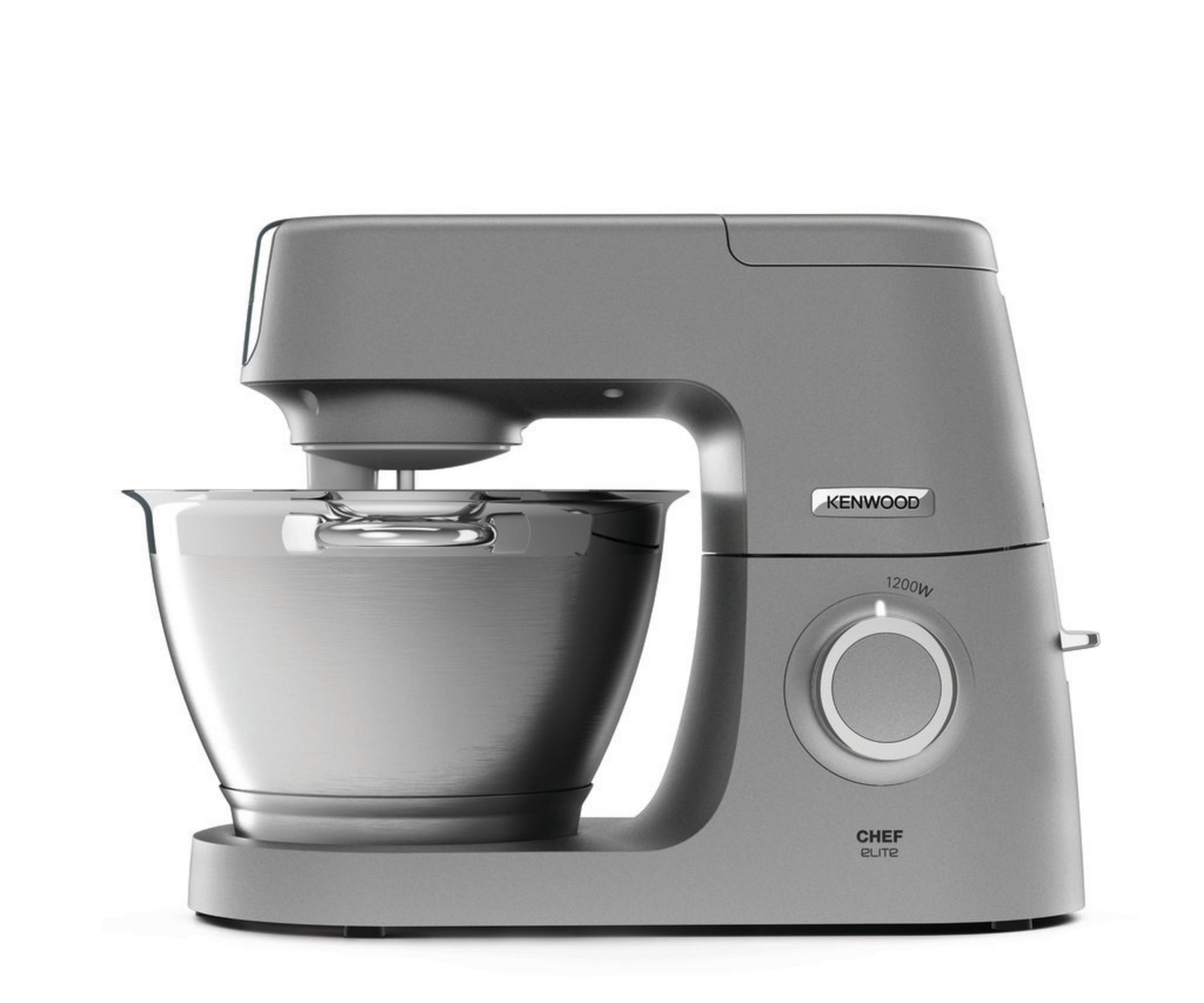 Grauer Kenwood Chef Elite Küchenmixer mit Edelstahlschüssel auf weißem Hintergrund.
