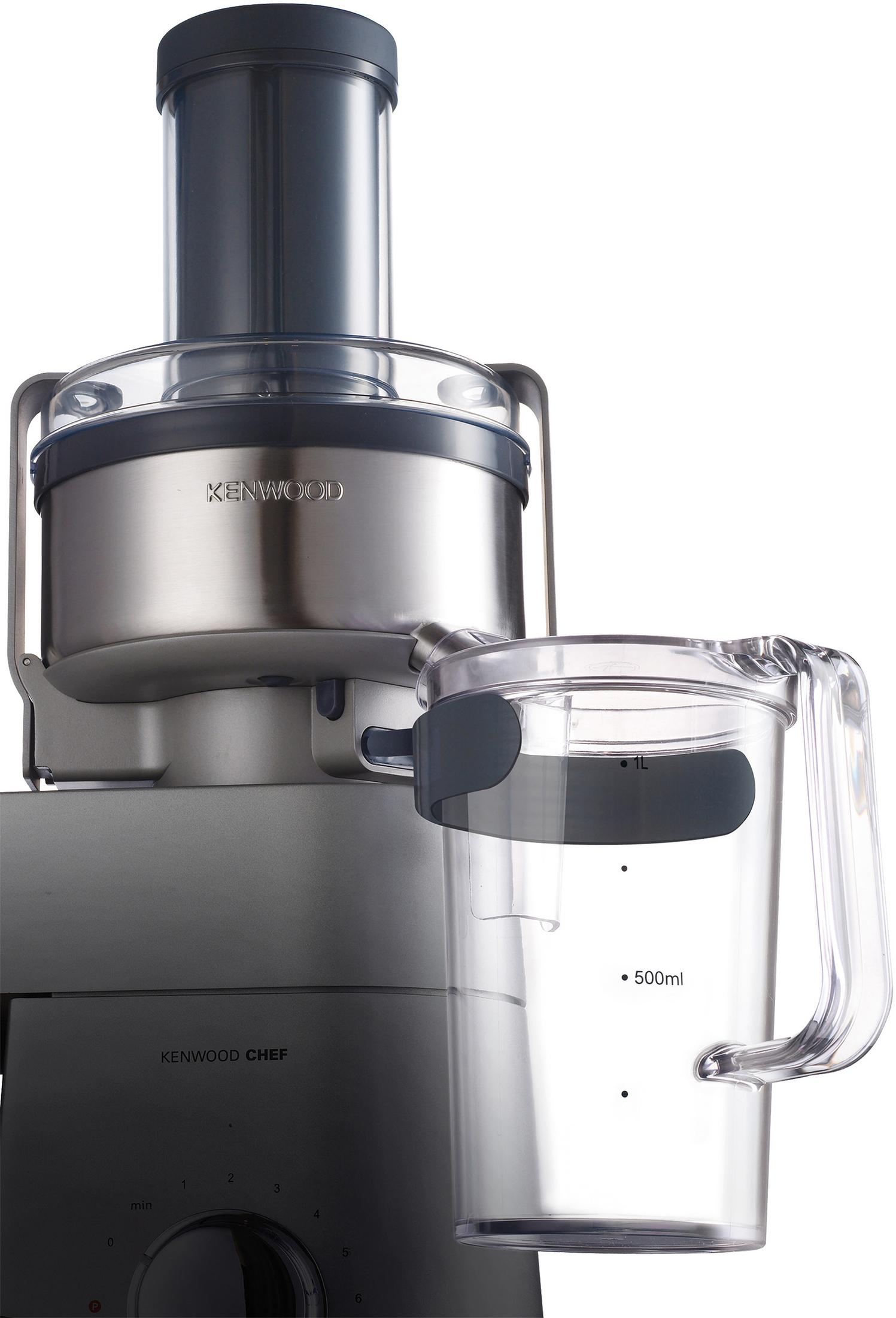 Kenwood-Küchenmaschine, silber und schwarz. Ein transparenter Krug ist seitlich befestigt.
