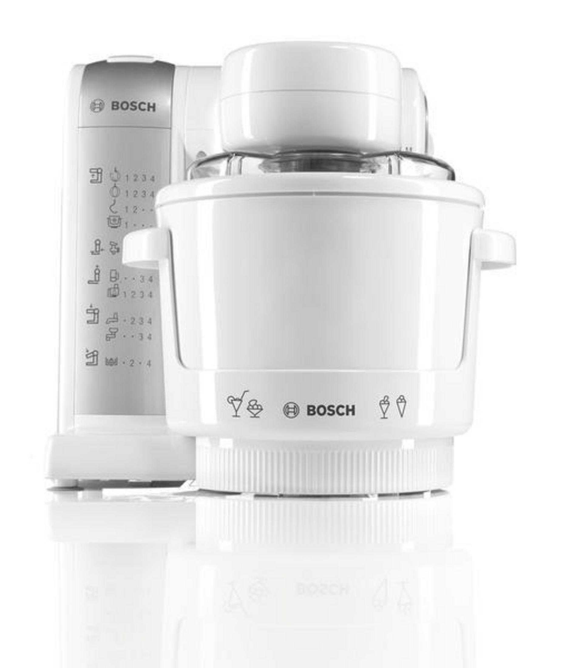 Ein weißer BOSCH-Eismaschine mit separatem Bedienfeld, vor weißem Hintergrund.