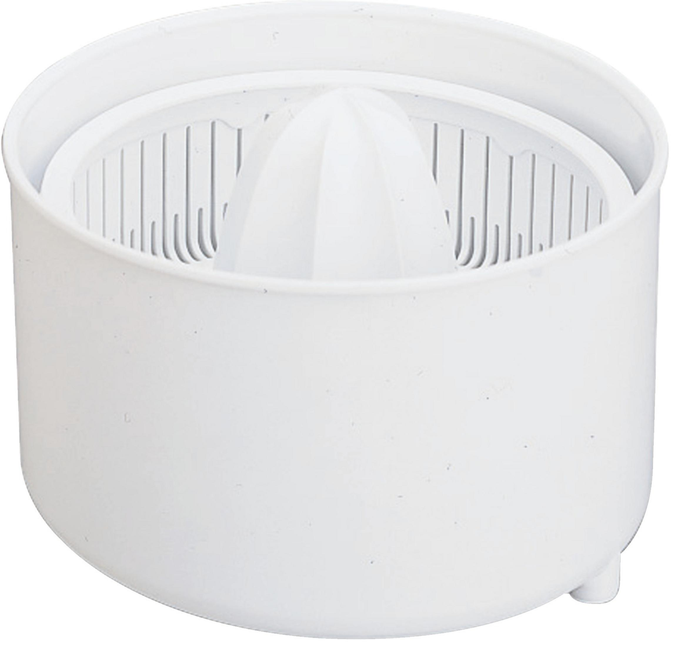 Biała wyciskarka do cytrusów z rozdrabniaczem w środku i podstawą, na białym tle.