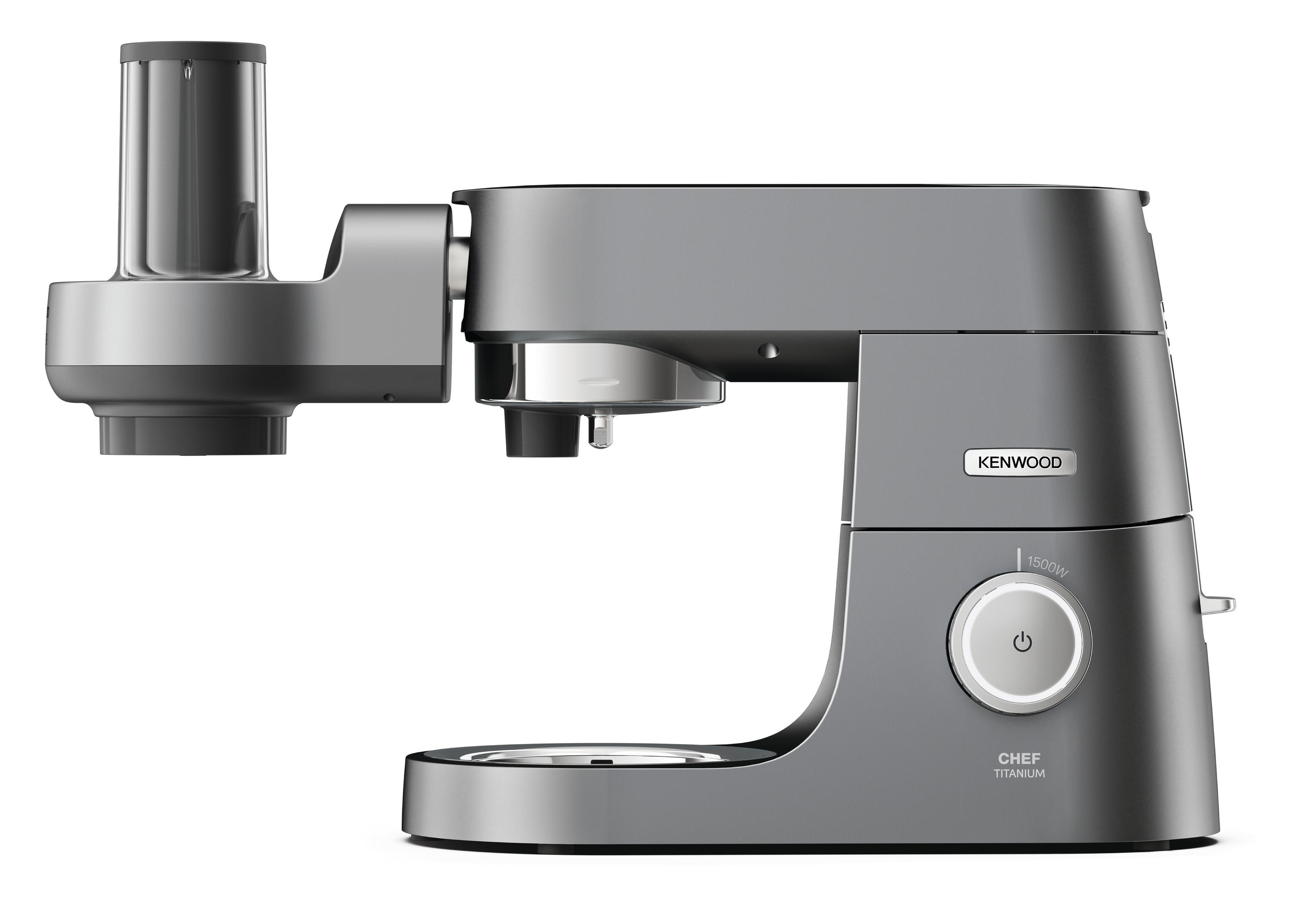 Urządzenie kuchenne Kenwood Chef Titanium, szare, widok z boku, z przystawką.