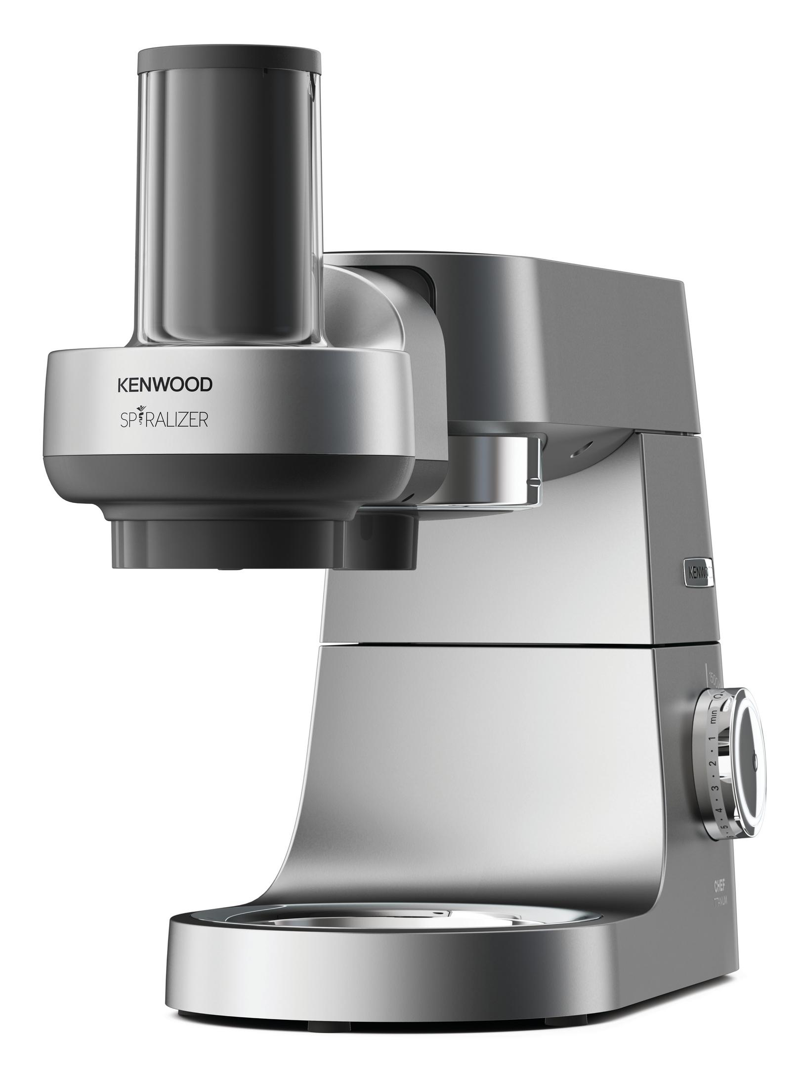 Srebrny i szary robot kuchenny Kenwood Spiralizer, z widoczną nazwą marki.