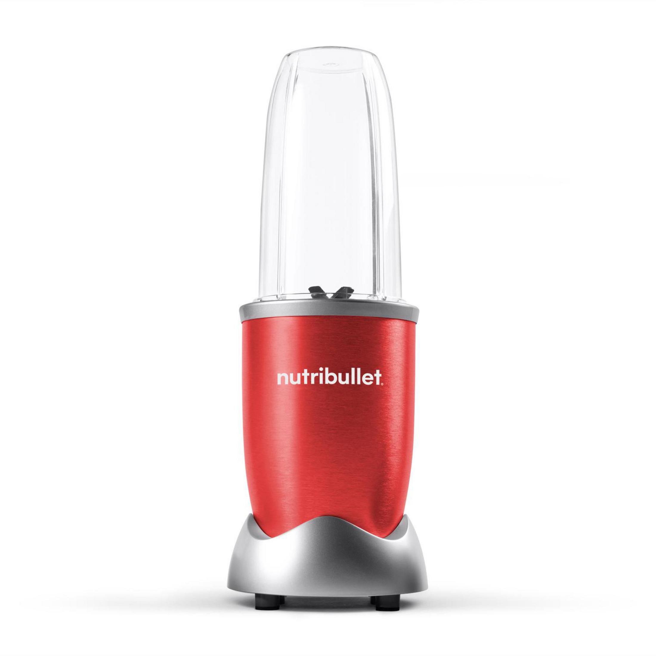 Licuadora Nutribullet roja con un recipiente transparente sobre fondo blanco.