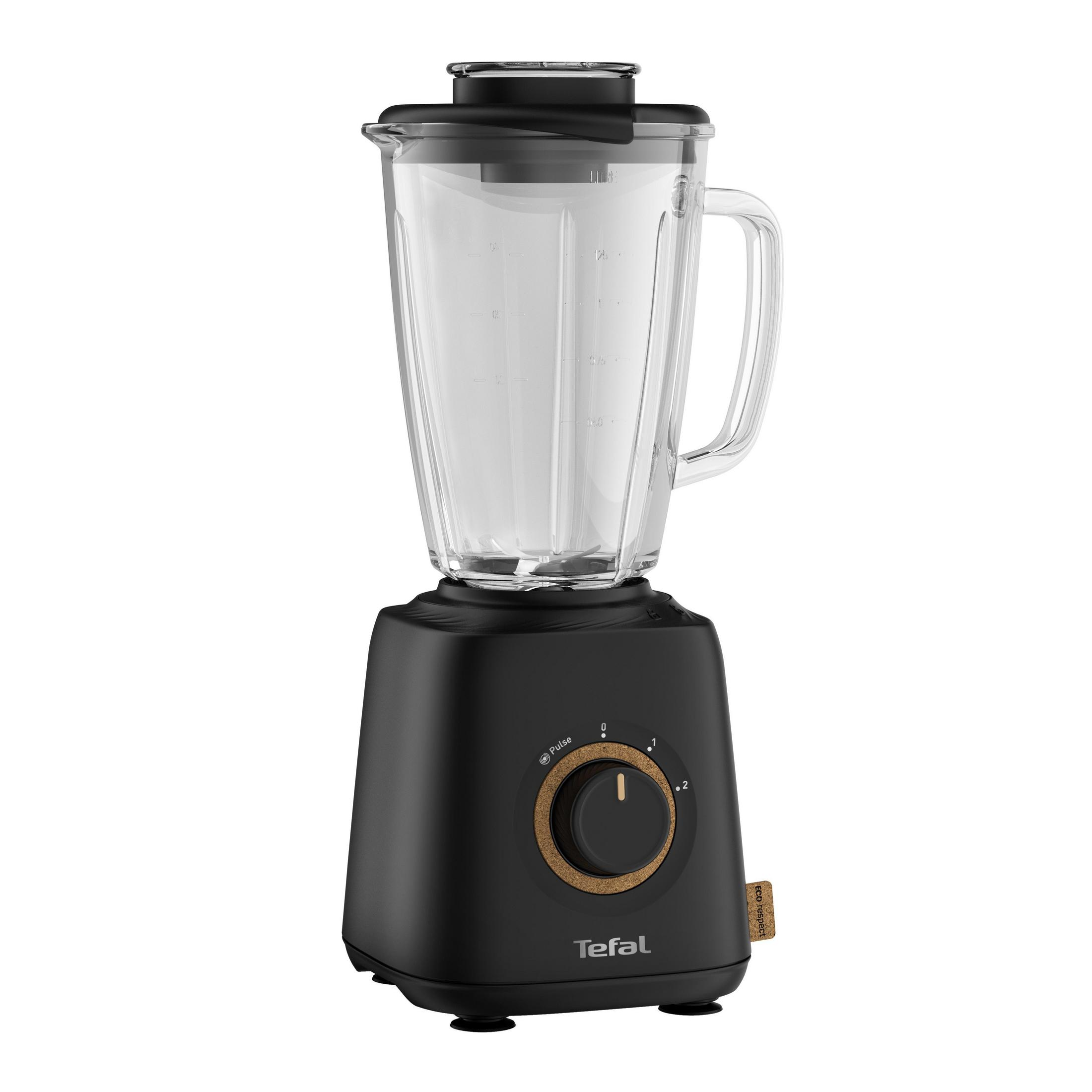 Schwarzer Mixer mit Glaskrug und goldfarbenem Drehregler. Die Basis hat das Tefal-Logo.