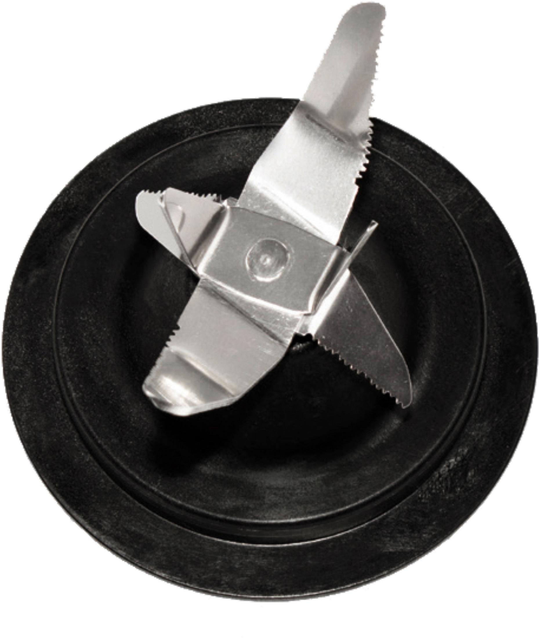 A black blender blade with serrated edges, on a black base, against a white background.