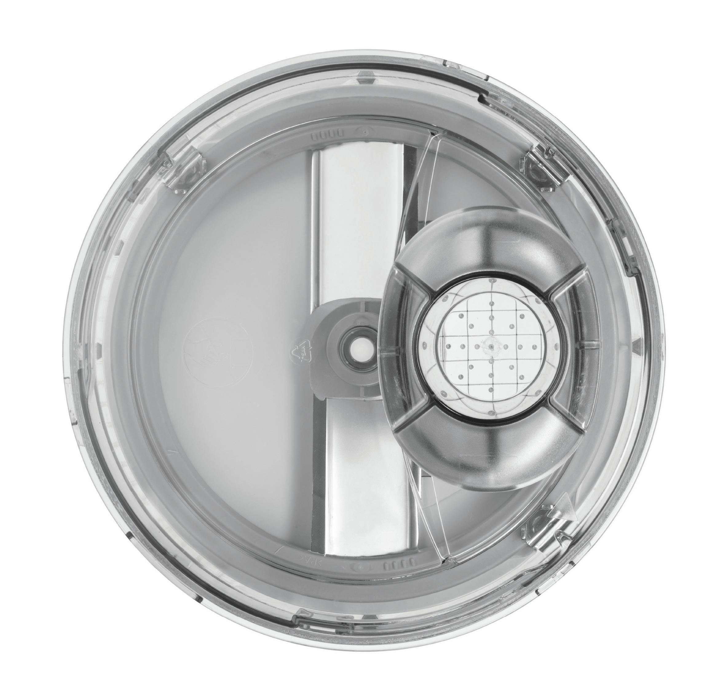 Accessorio per robot da cucina trasparente con lama e componente centrale.