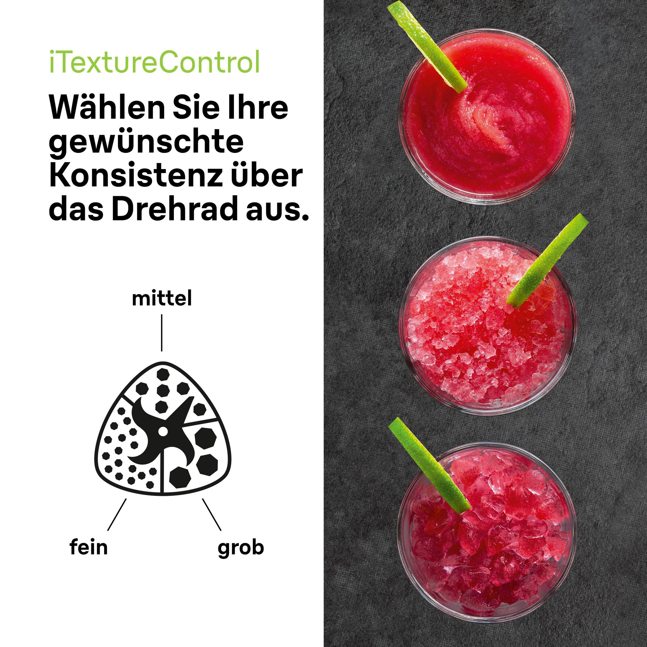 Tre cocktail con lime. Testo: Scegli la consistenza con un quadrante. Diagramma mostra le trame.