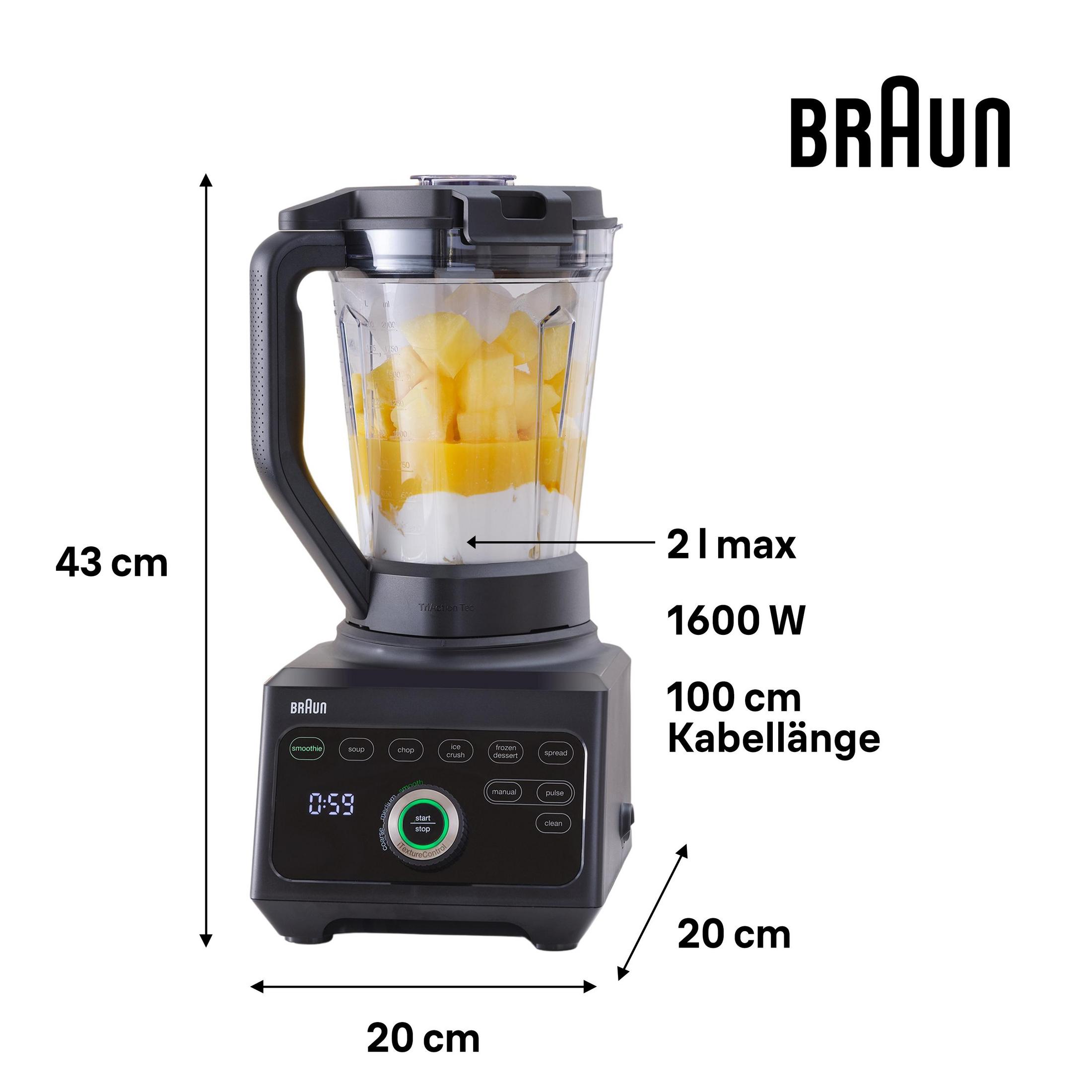Frullatore Braun con dimensioni e specifiche. Un frullatore nero con un contenitore di vetro pieno di frutta.