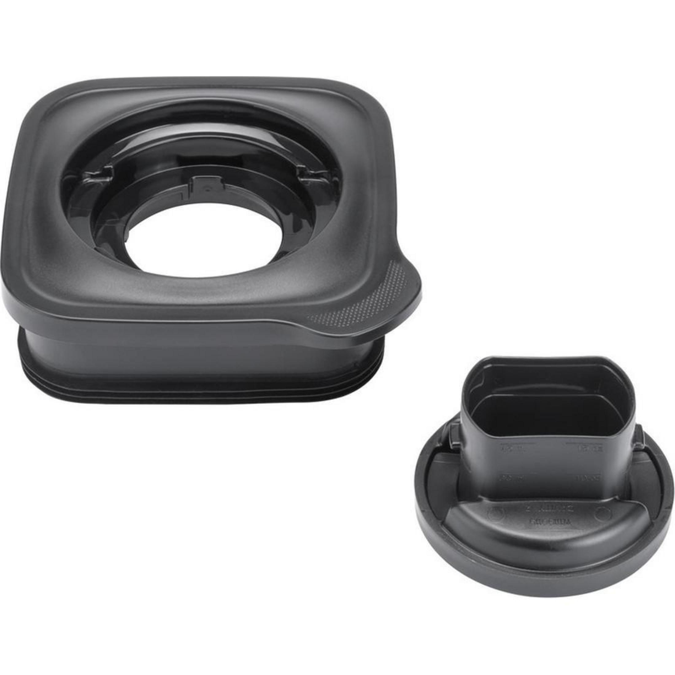 Two black plastic blender parts. One is a base, the other is a top.