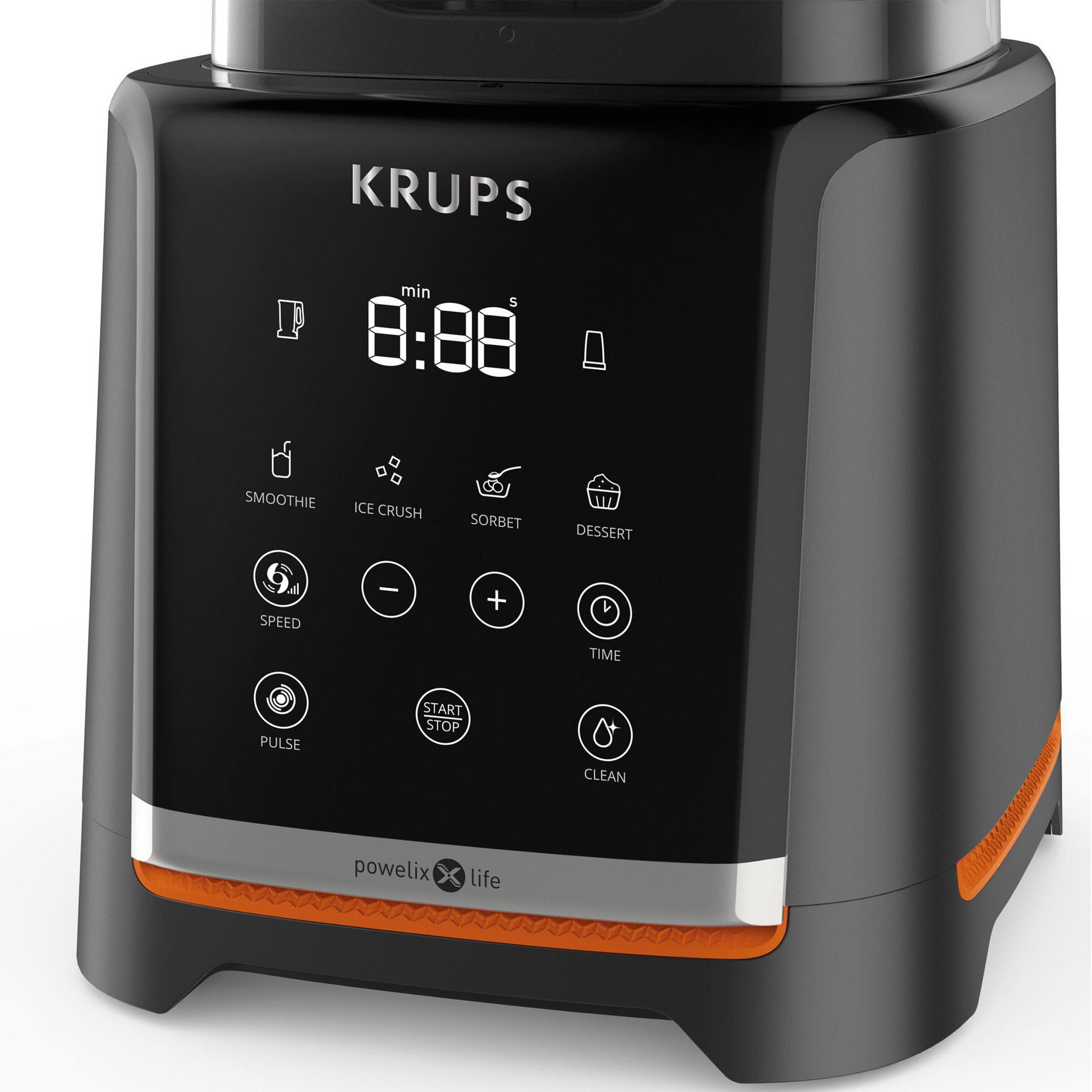 Frullatore Krups nero con display digitale 8:88. Pulsanti: Smoothie, Ice Crush, Speed, Pulse, ecc.