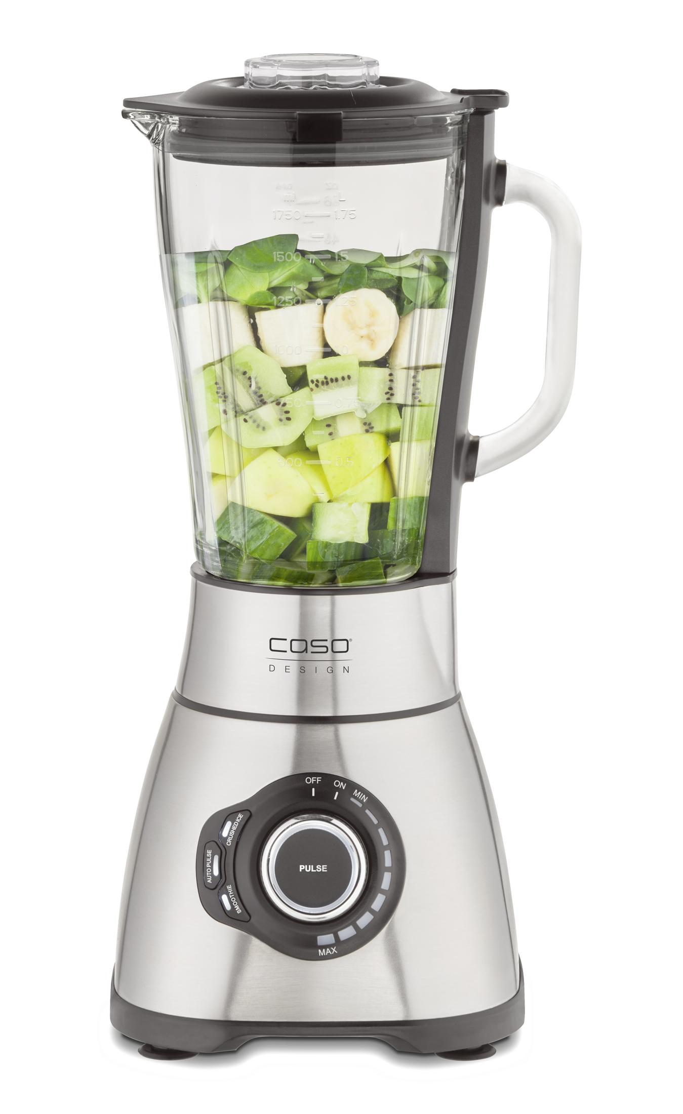 Silberner Mixer mit Zutaten aus grünem Gemüse, Bananen und Kiwi.